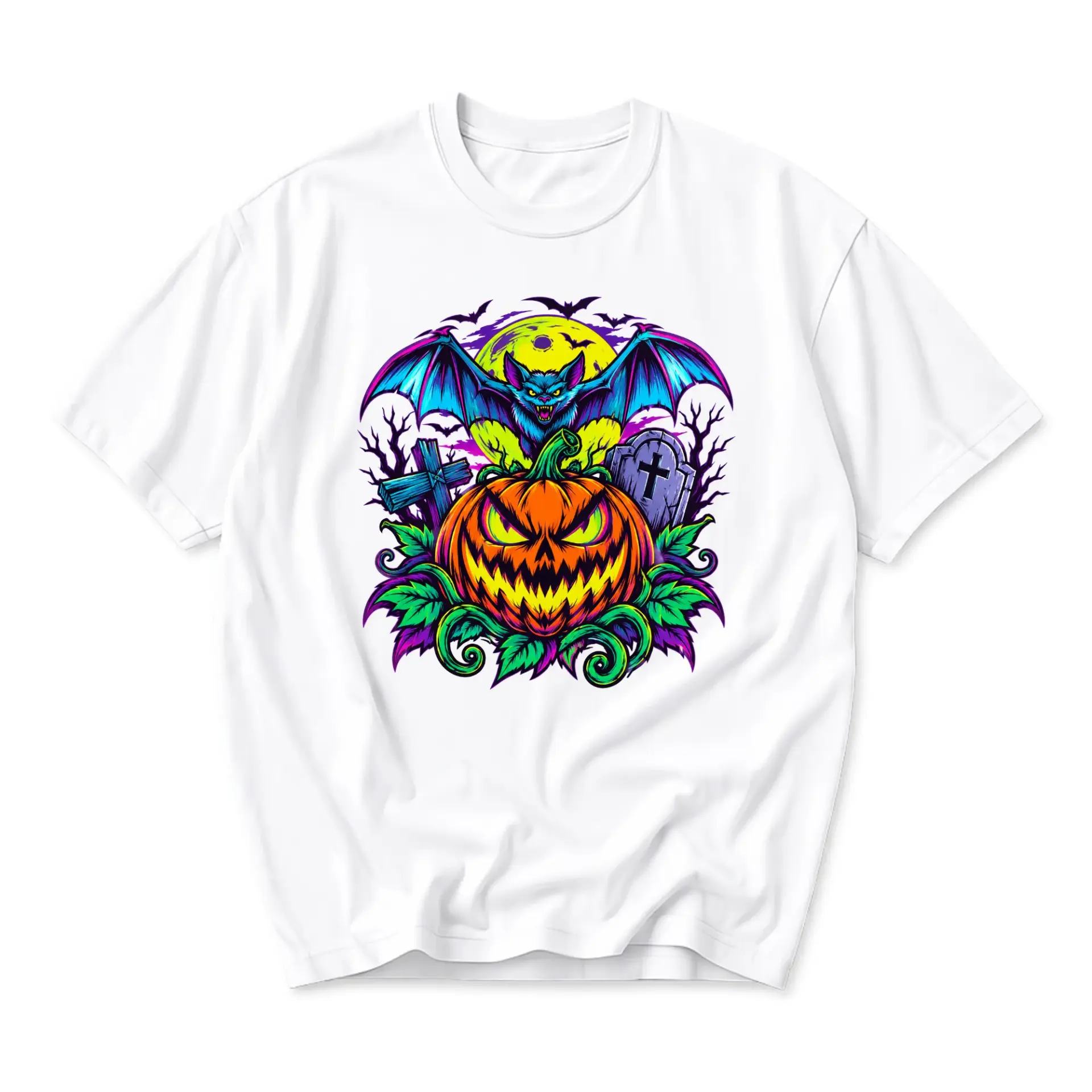 Graphic Tee Halloween Pumpkin and Bat Illustration Unisex Crew Neck Short Sleeve Shirt for Casual Everyday Wear