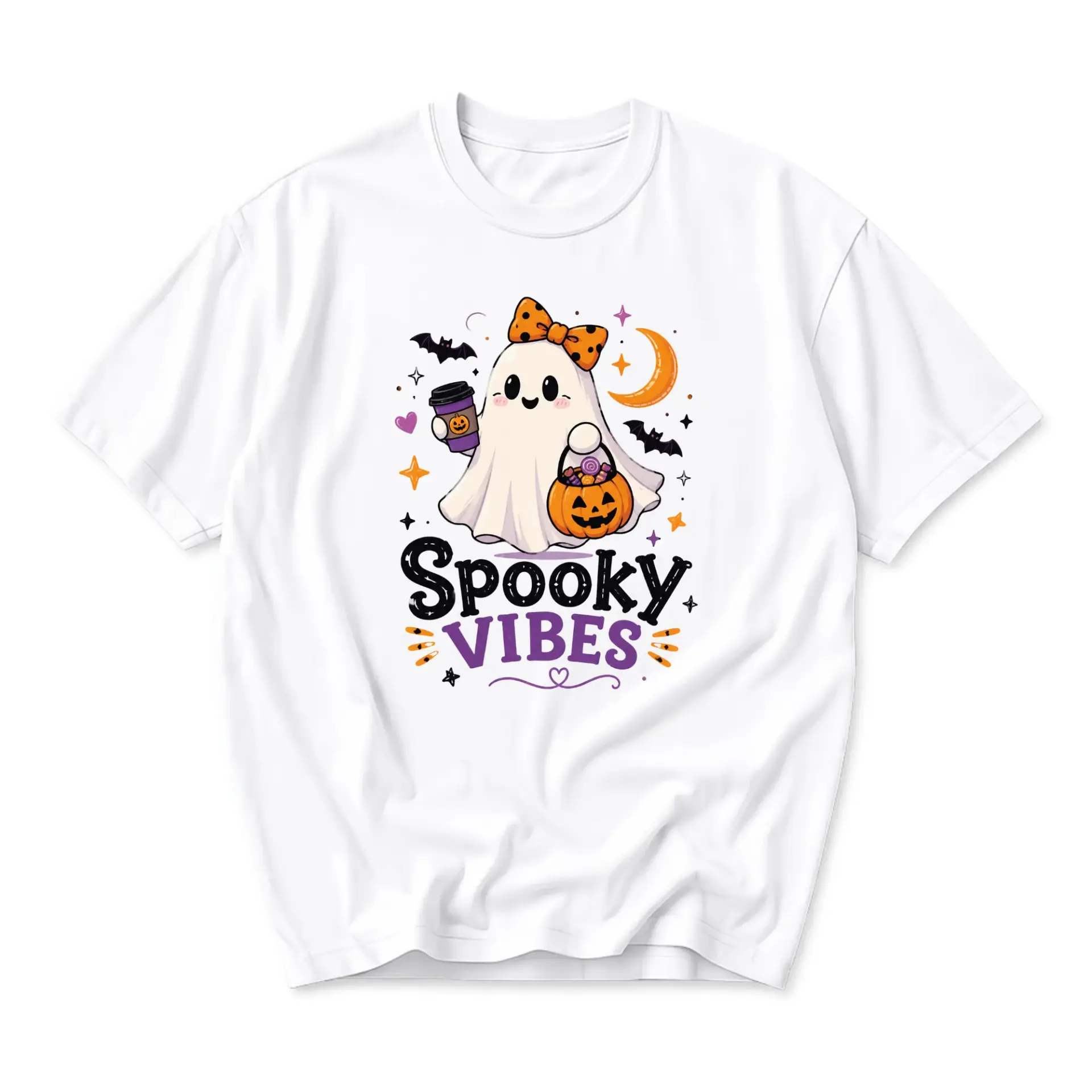 Graphic Tee Spooky Vibes Ghost Print Unisex Crew Neck Casual Everyday Short Sleeve Cotton Blend Shirt for Autumn
