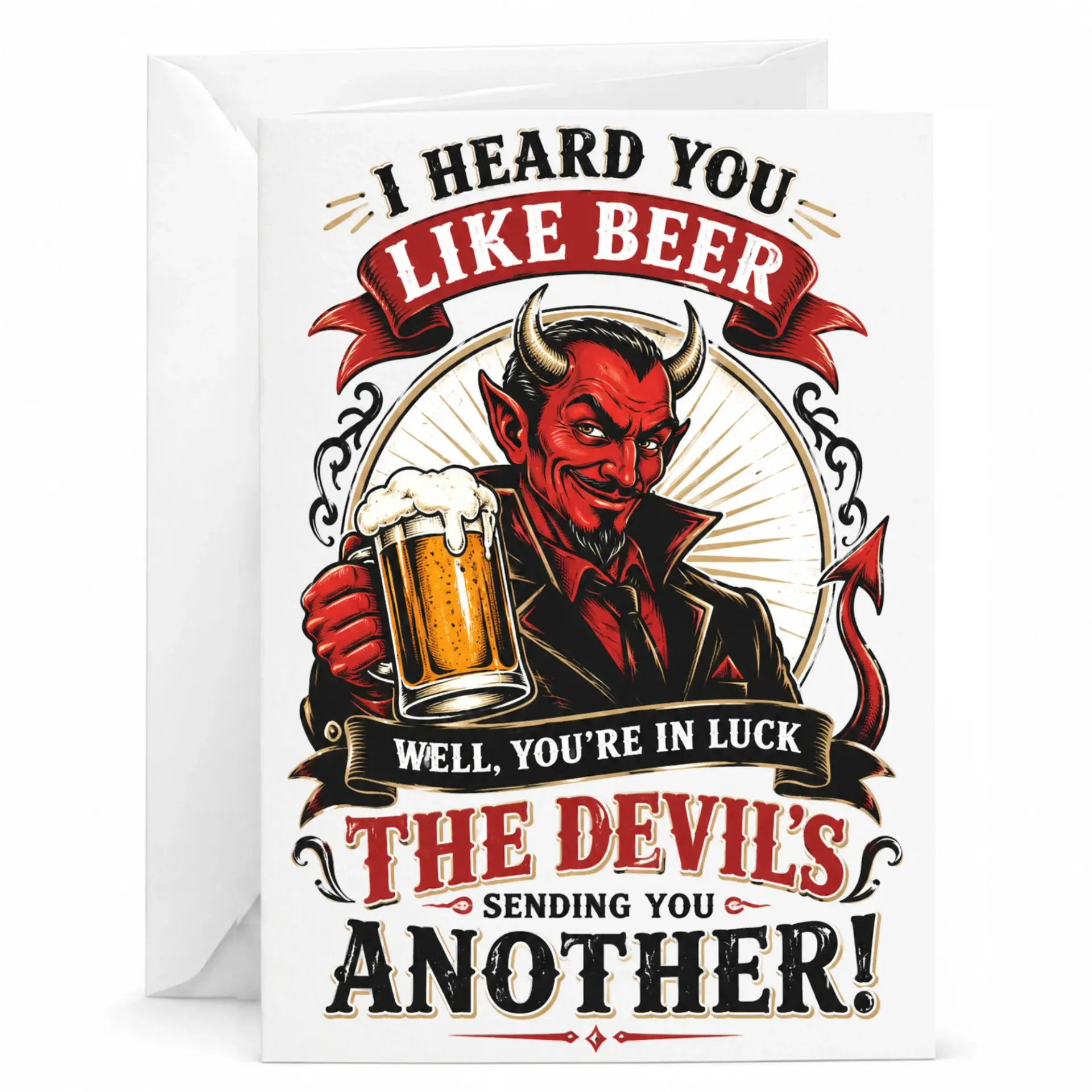 Funny Beer Lover Greeting Card for Birthday and Holidays Devil Illustration with Pint Glass 5x7 Inch Blank Note