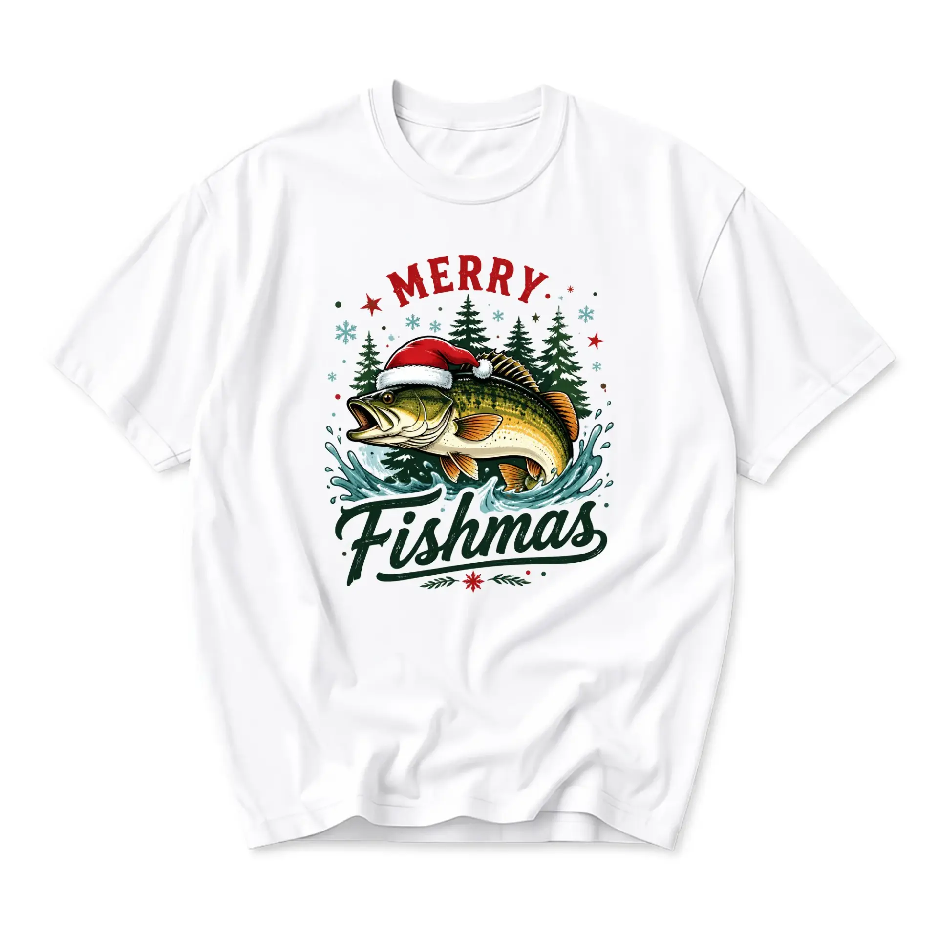 Funny Shirt Merry Fishmas Holiday Graphic Tee Featuring a Wearing a Santa Hat for Seasonal Fishing Enthusiasts