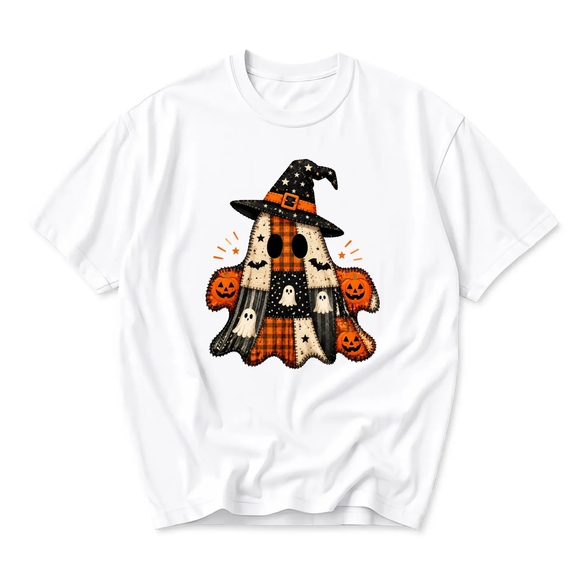 Graphic Tee Unisex Crew Neck T-Shirt Featuring Spooky Plaid Ghost with Witch Hat and Pumpkins Print Casual Top