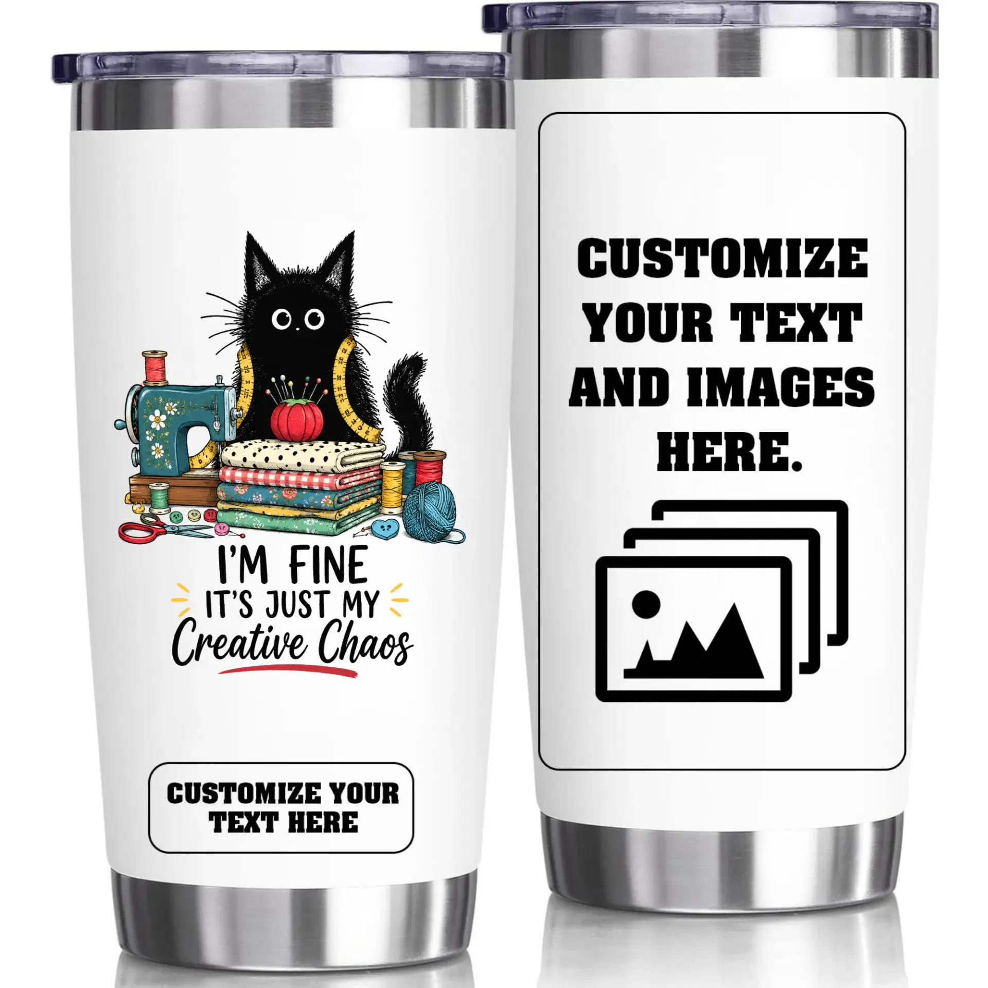 Stainless Steel Tumbler for Crafters with Sewing Cat Illustration 20oz Double Wall Insulated Travel Coffee Mug