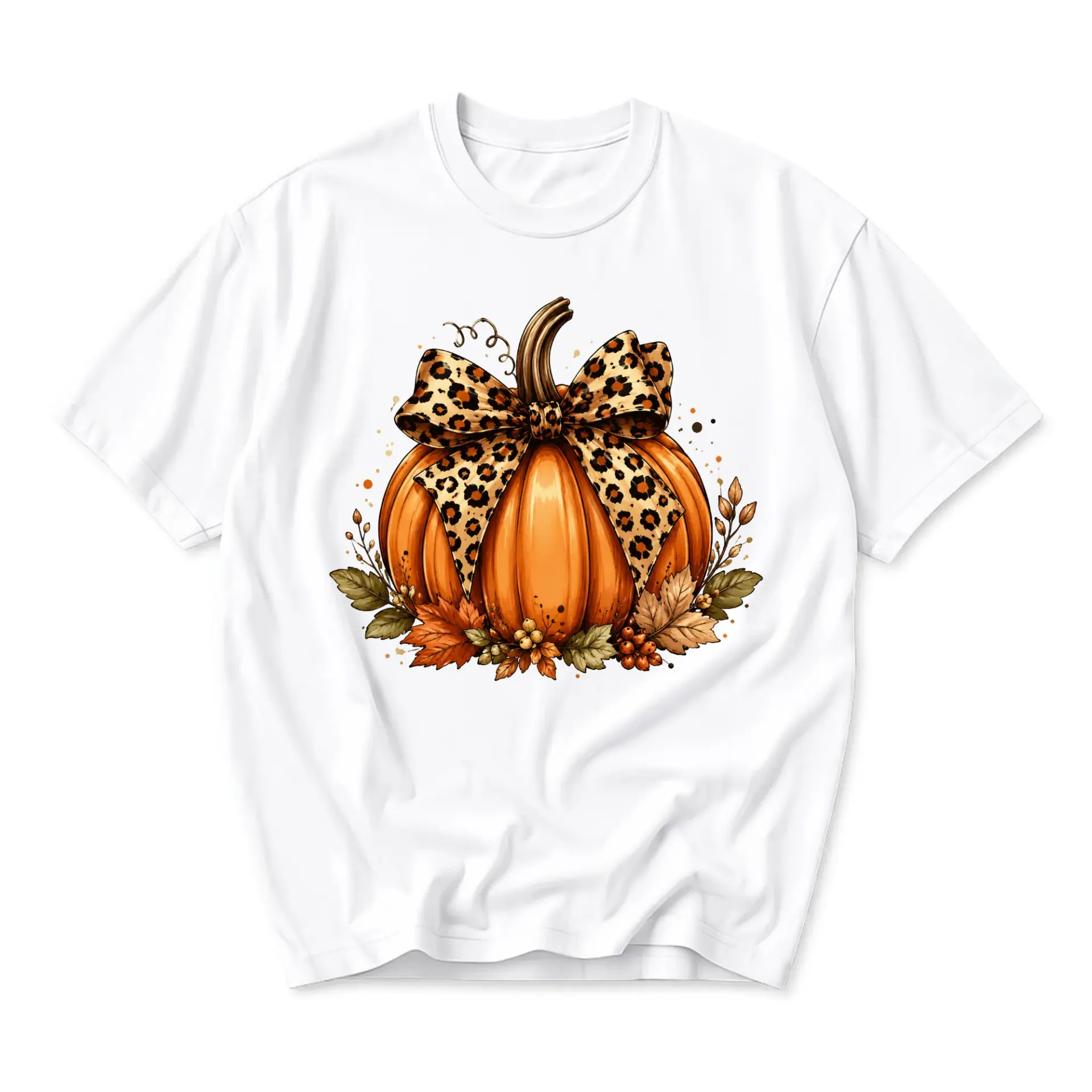 Graphic Tee Unisex Fall Season Pumpkin Shirt Featuring Leopard Print Bow Autumn Botanical Theme Casual Short Sleeve