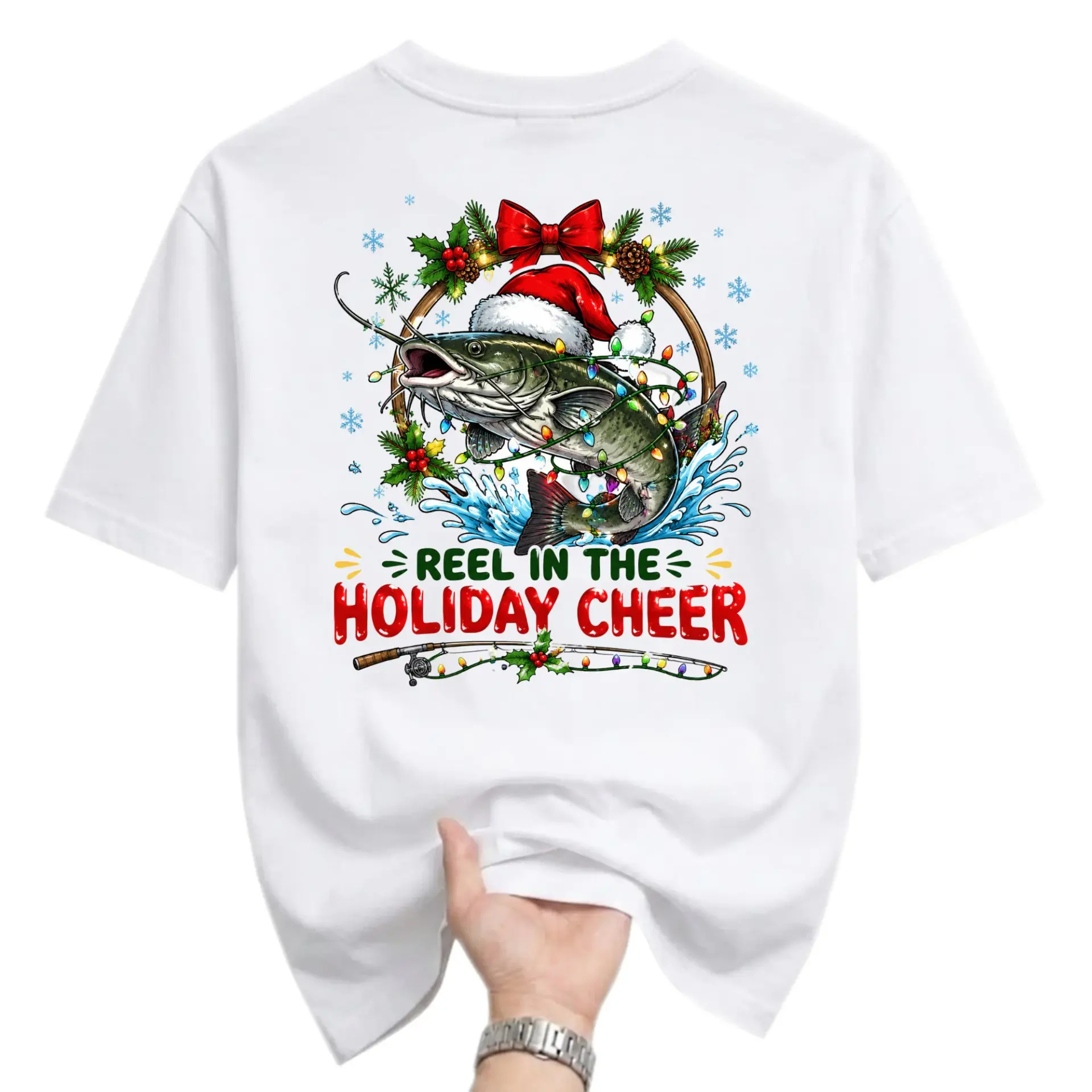Funny Shirt Reel in the Holiday Cheer Graphic Tee Christmas Fishing Theme