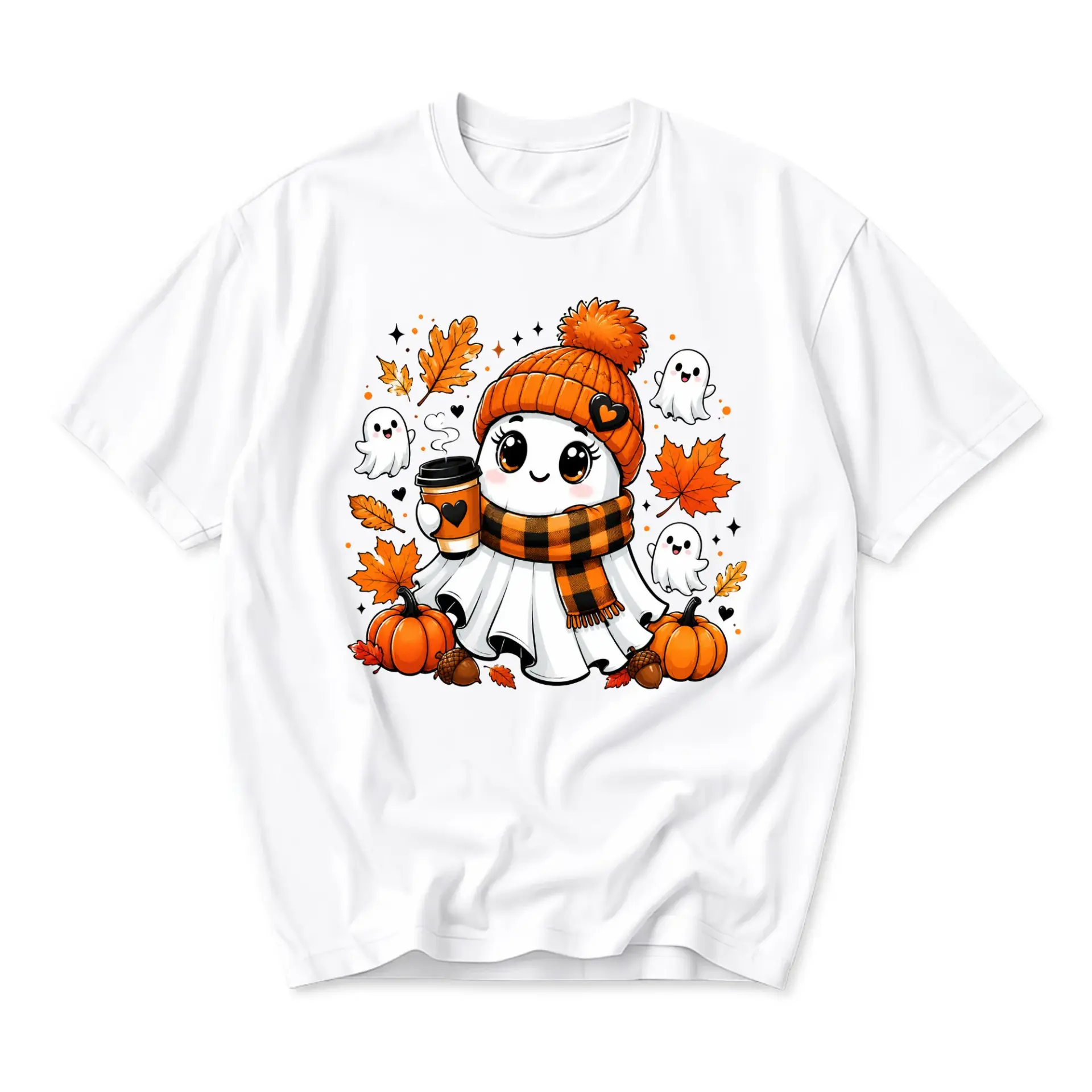 Graphic Tee Cute Ghost Wearing Beanie and Scarf Holding Coffee Cup Autumn Season Unisex Crew Neck Casual Cotton Shirt