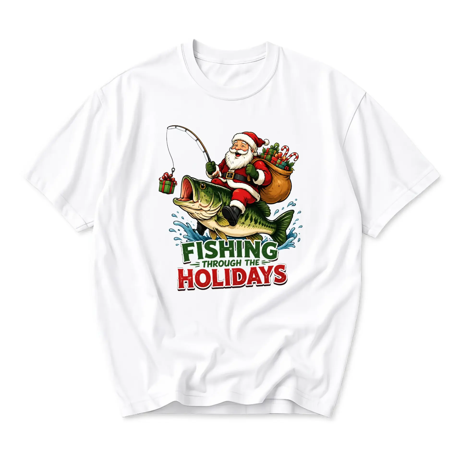 Graphic Tee Fishing Through the Holidays Santa Claus Seasonal Funny Shirt