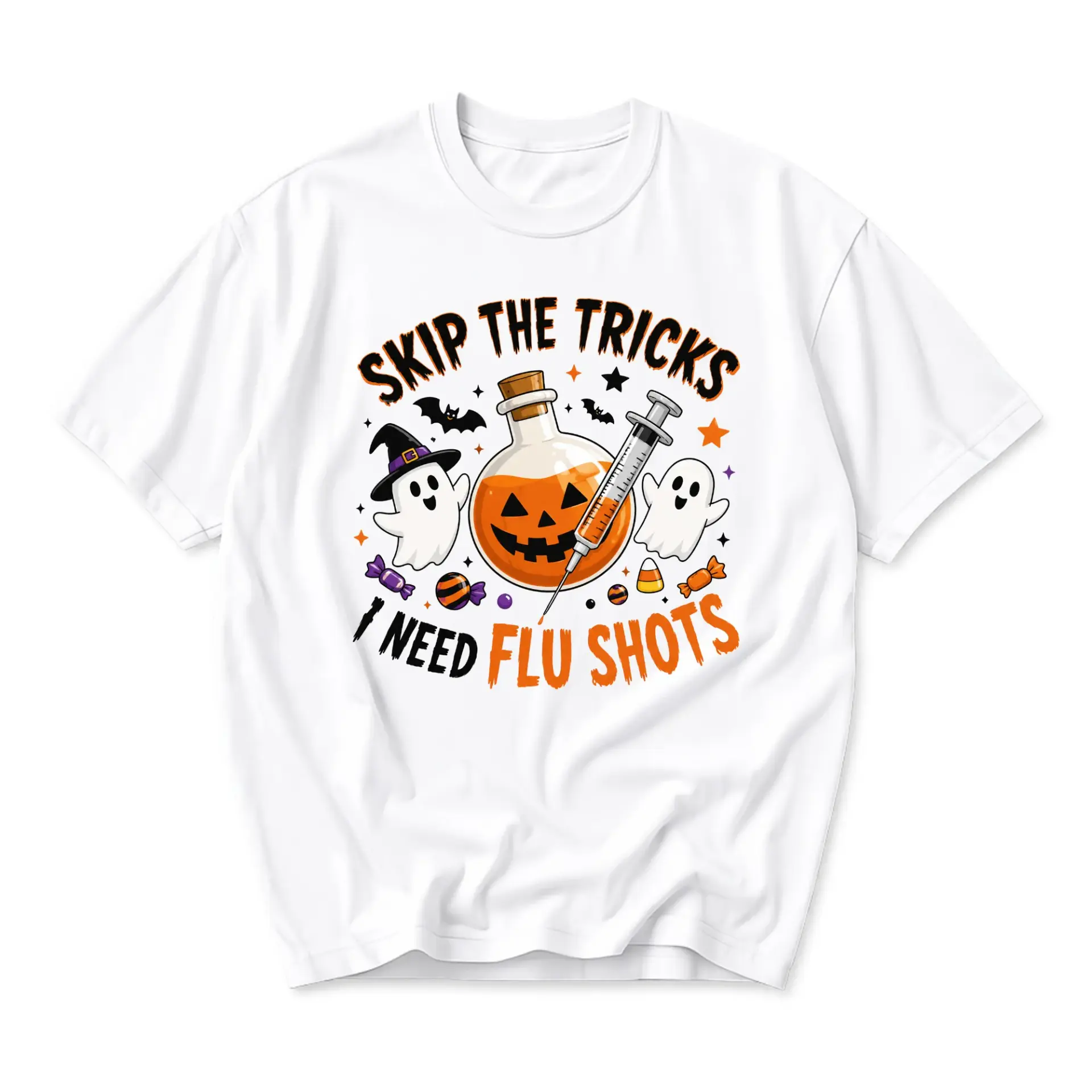 Funny Shirt Skip the Tricks I Need Flu Shots Halloween Graphic Tee Casual Unisex Crew Neck Cotton Blend Apparel