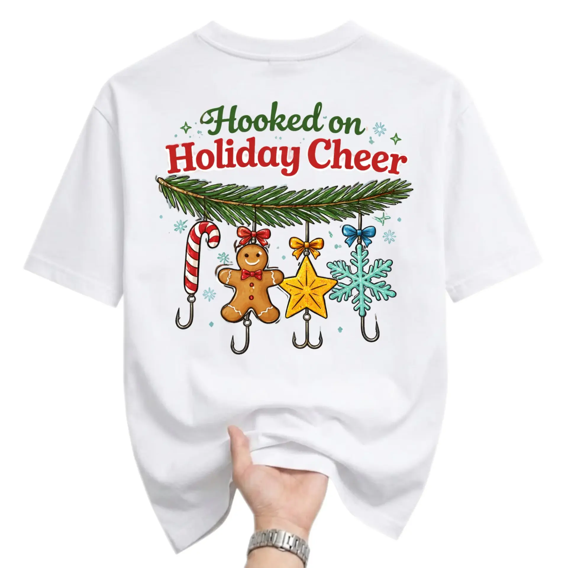 T-shirt on Holiday Cheer Graphic Tee Unisex Christmas Fishing Theme Apparel for Casual Seasonal Wear