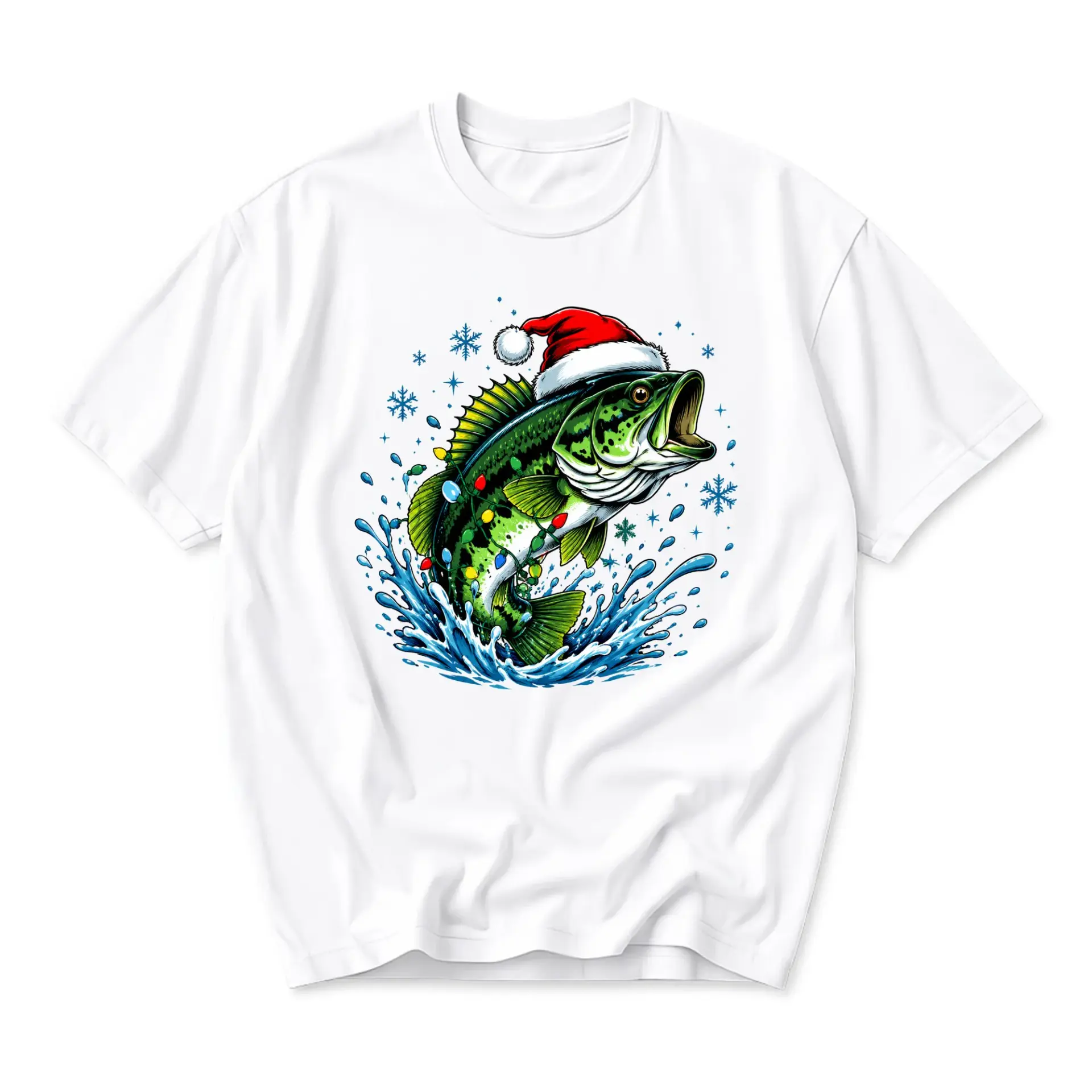 Graphic Tee Christmas Fishing Shirt Featuring a Large Mouth Wearing a Santa Hat with Holiday Lights and Snowflakes