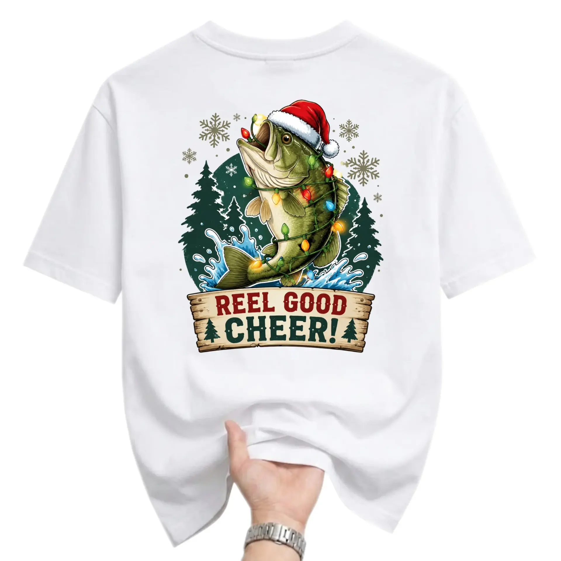 Funny Shirt Reel Good Cheer Christmas Fishing Graphic Tee Unisex Short Sleeve Crew Neck Seasonal Holiday Apparel