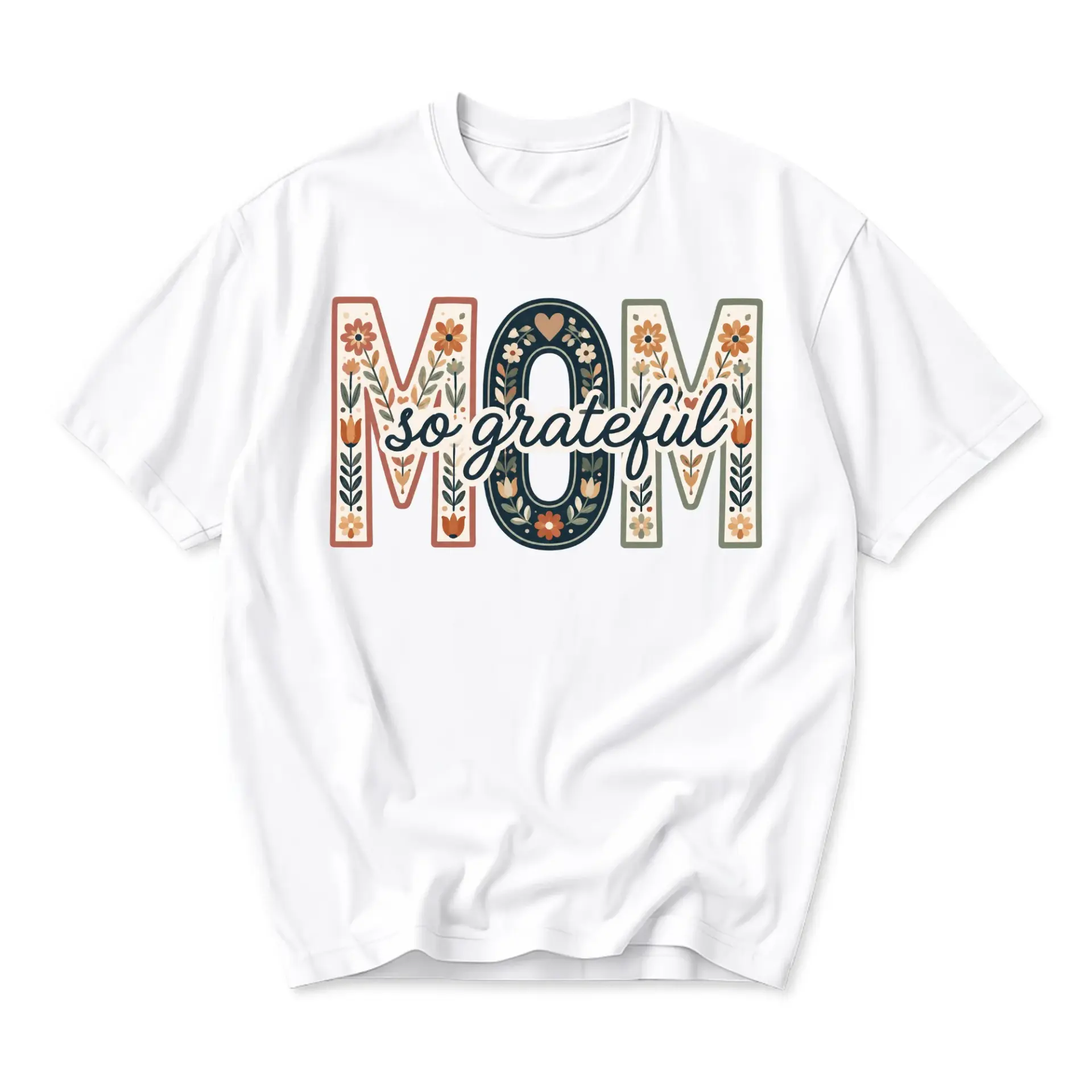Graphic Tee so Grateful Mom Floral Lettering Unisex T-Shirt Botanical Casual Everyday Apparel White Crew Neck Top
