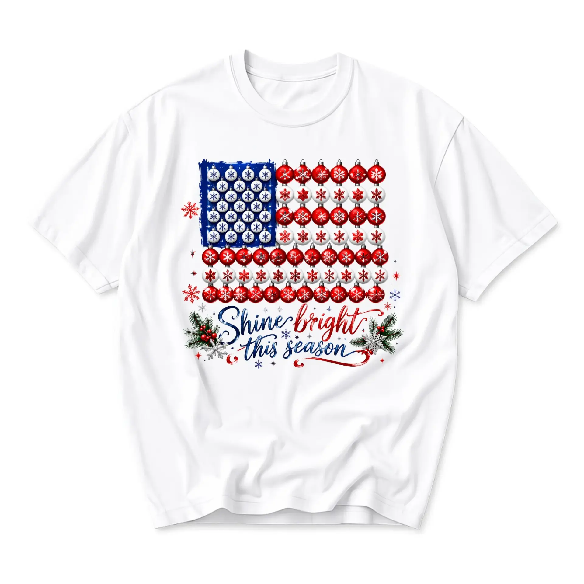 T-shirt Shine Bright This Season Graphic Tee Festive Christmas Holiday Ornament Flag Design Unisex Cotton Crewneck