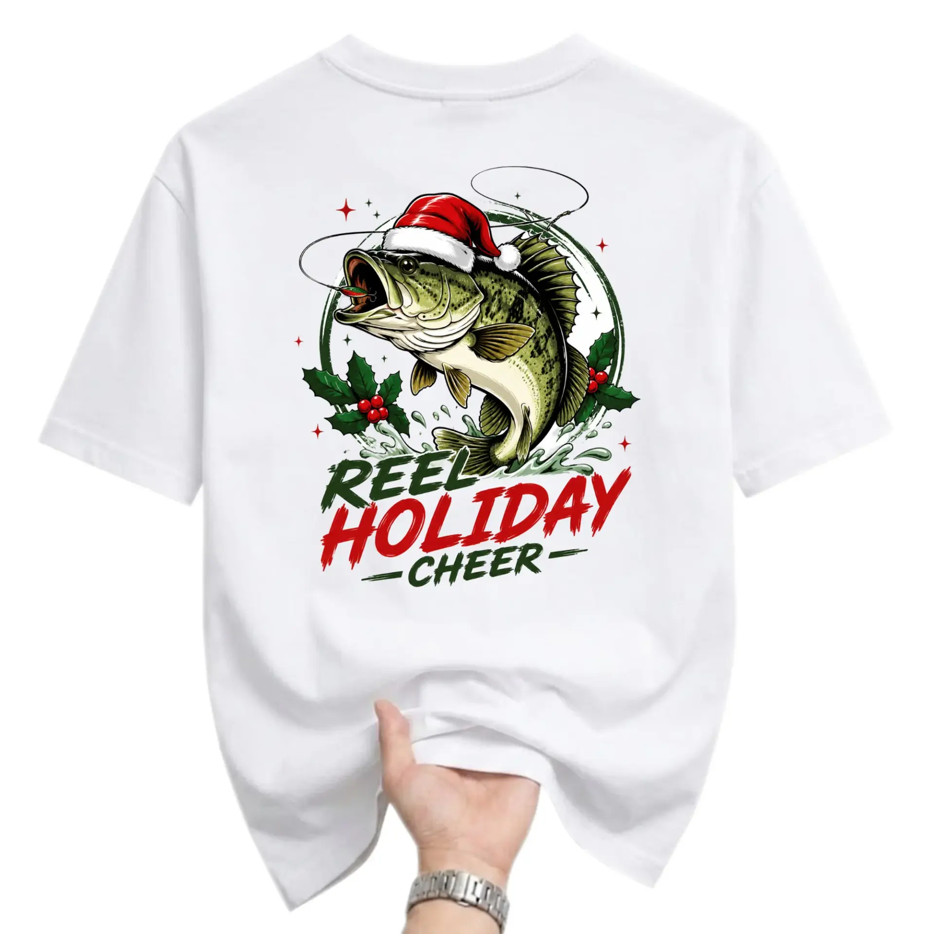 Funny Shirt Reel Holiday Cheer Fishing Graphic Tee Festive Christmas Unisex Crew Neck Casual Cotton Top