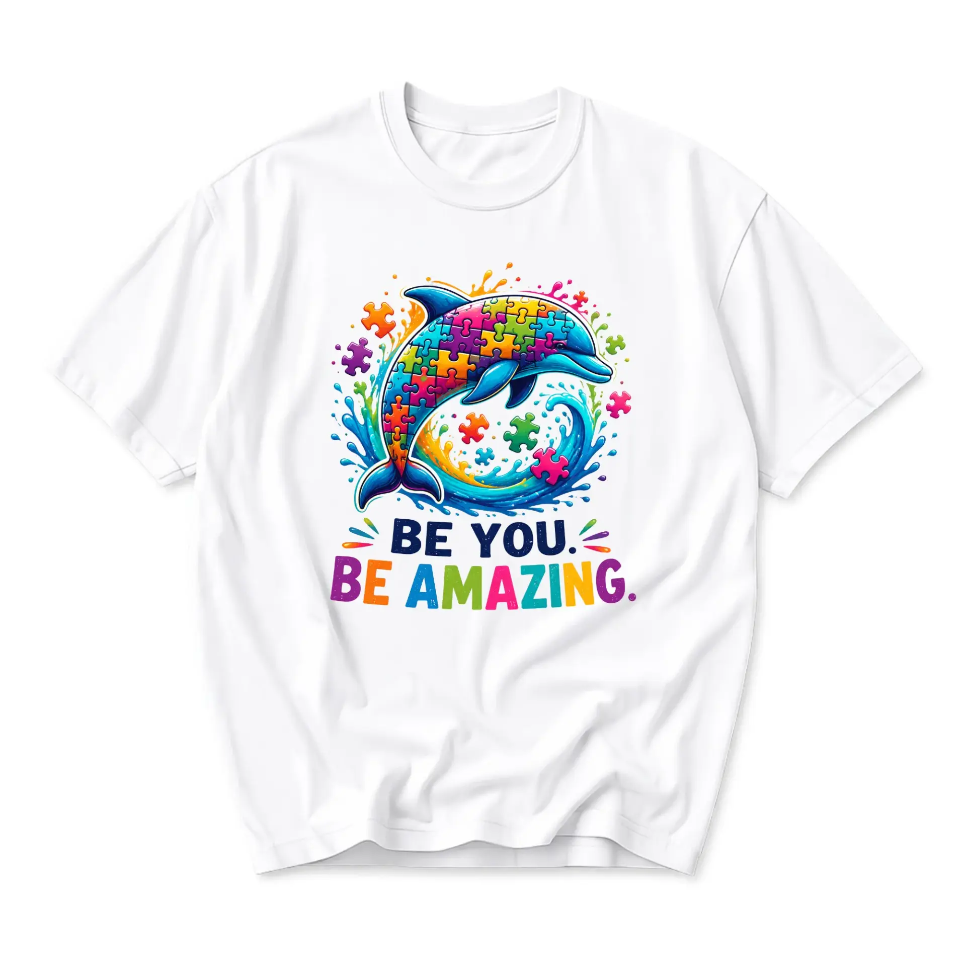 Graphic Tee Be You Be Amazing Dolphin Puzzle Piece Design Unisex Crew Neck Short Sleeve Casual Fashion Shirt