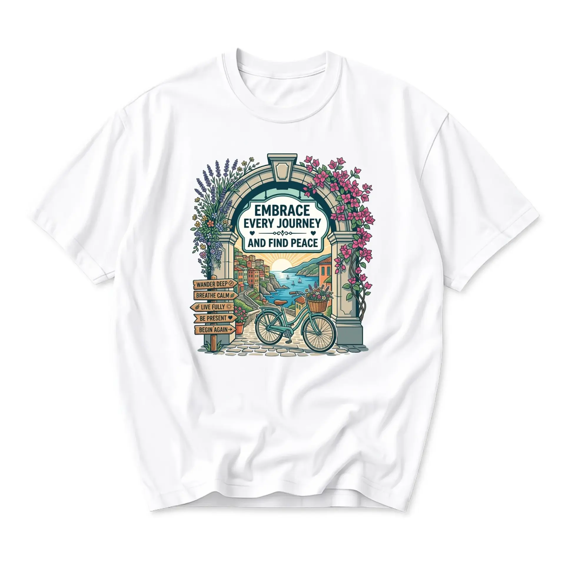 Graphic Tee Embrace Every Journey Floral Archway Print Unisex Crew Neck Casual Everyday Short Sleeve Shirt White