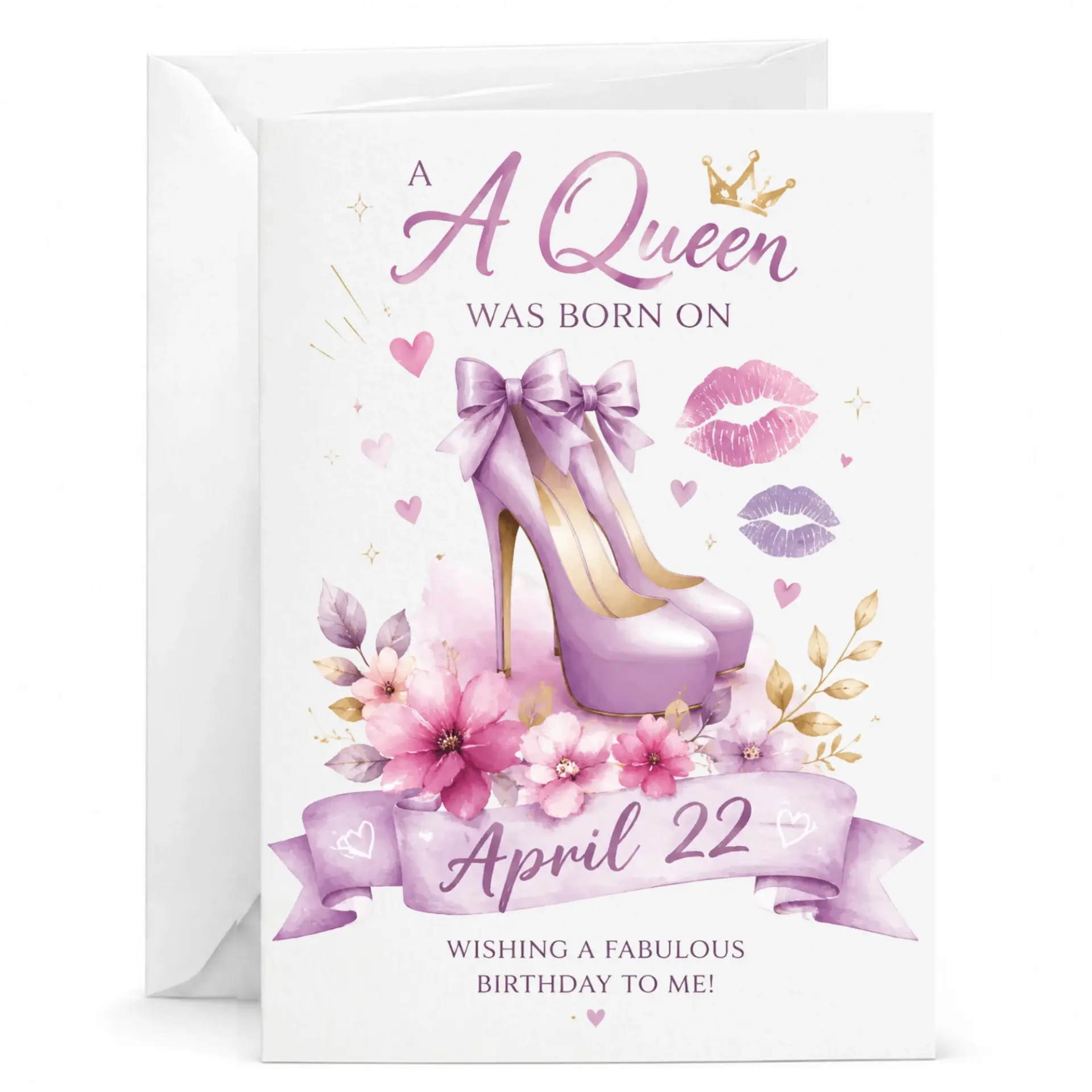 Birthday Card a Queen Was Born on April 22 Elegant Purple Heels and Floral Design Greeting Card for Special Occasions