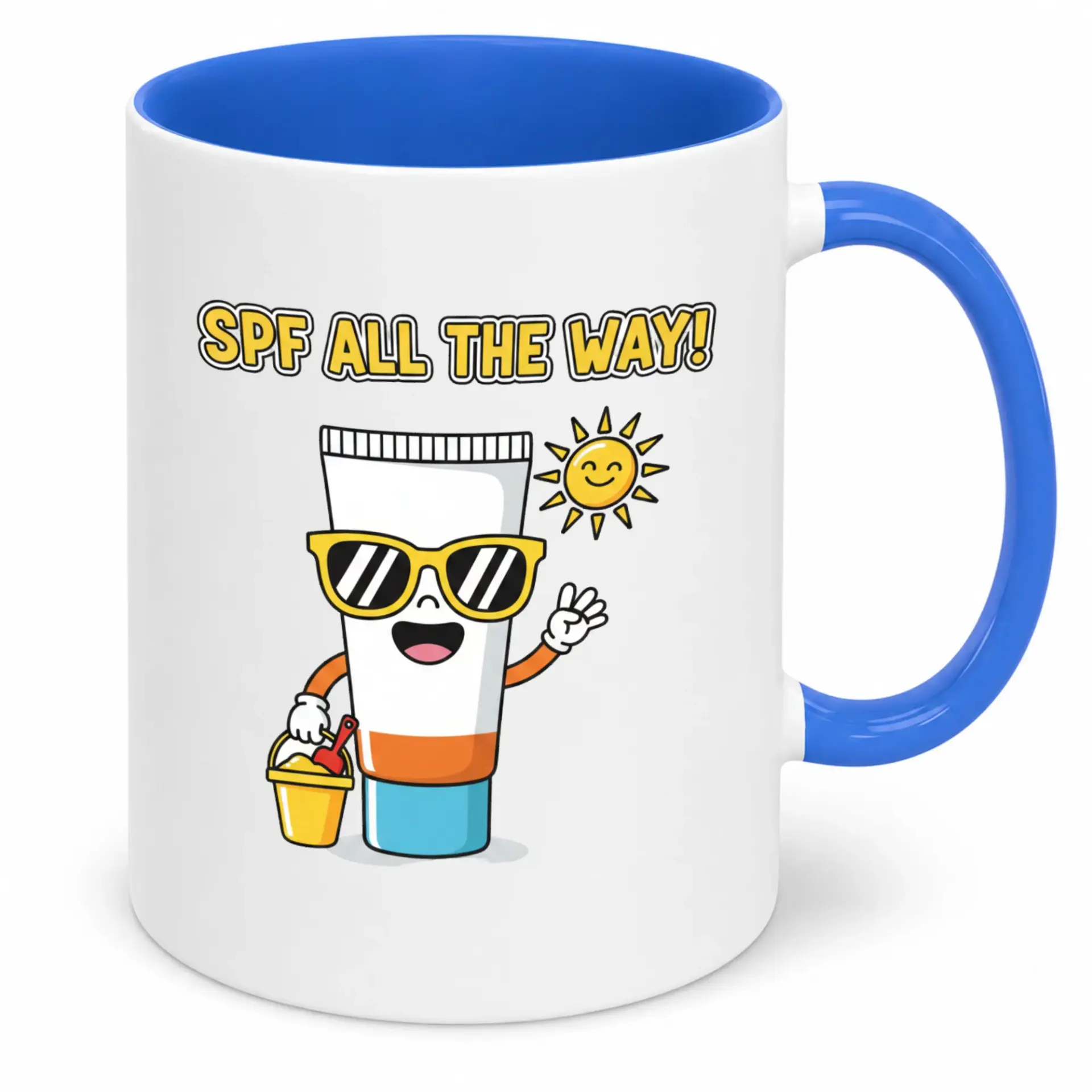 Funny Beach Sun Protection Spf All the Way! White Ceramic Coffee Mug with Blue Handle 11oz or 15oz Drinkware Gift