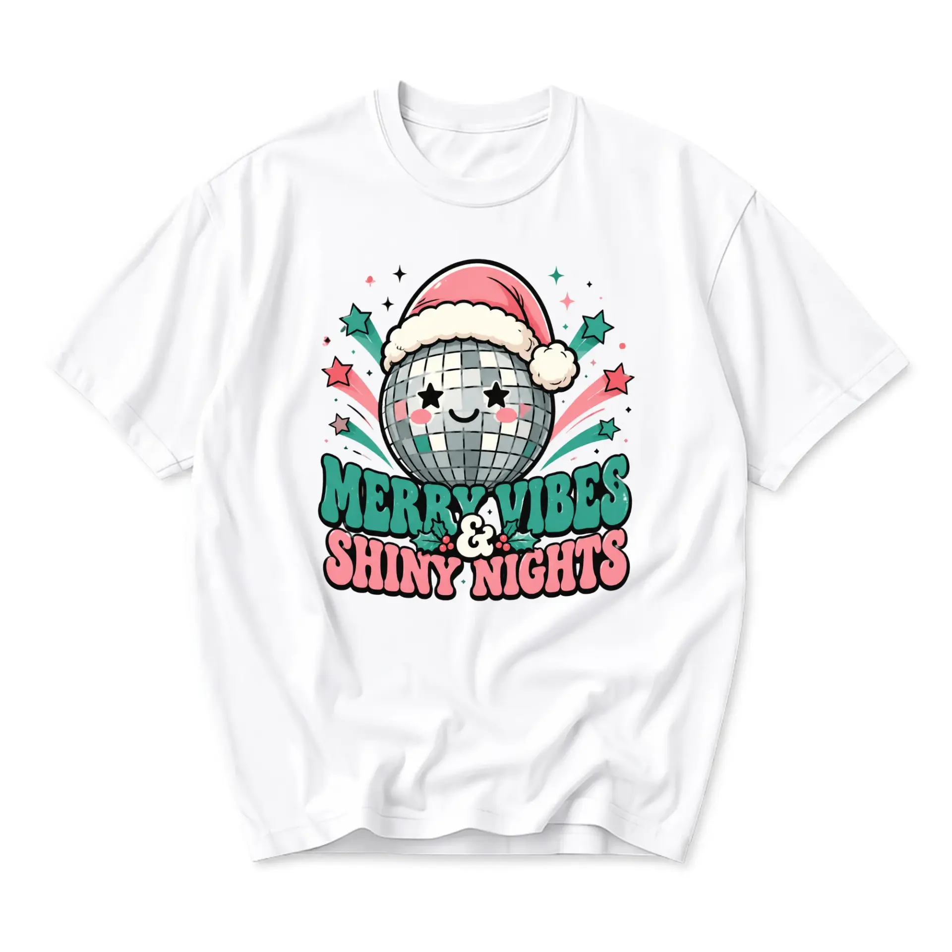 Graphic Tee Merry and Shiny Nights Disco Holiday Unisex Crew Neck Casual