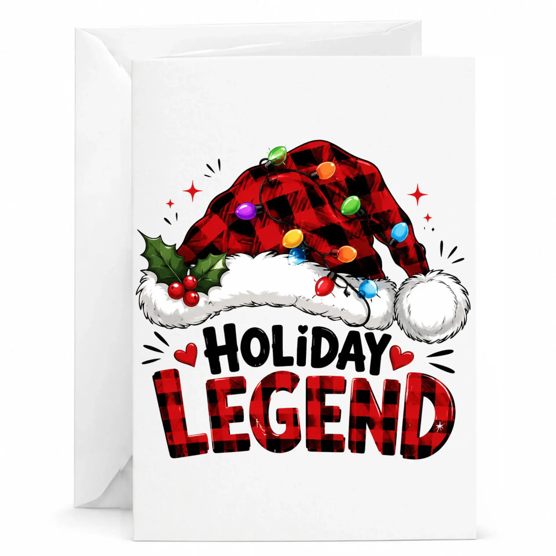 Holiday Legend Buffalo Plaid Santa Hat Greeting Card for Seasonal Celebration and Festive Winter Greetings