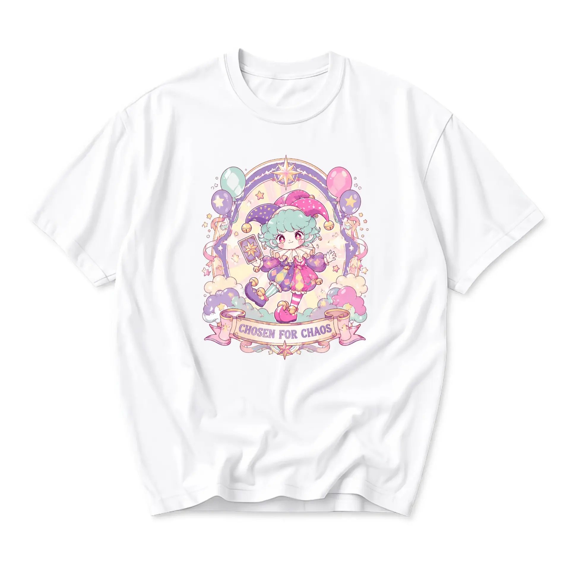 Graphic Tee Chosen for Chaos Jester Illustration Unisex Crew Neck Soft Cotton Casual Everyday Print Shirt White