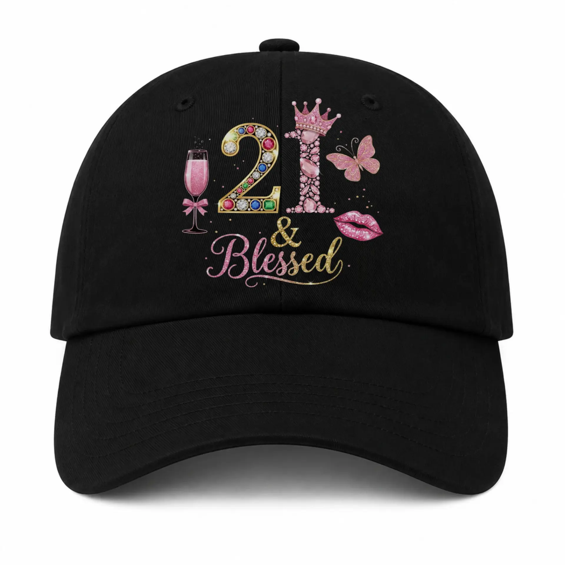 Vinyl Sticker Pack 21 and Blessed Birthday Design Featuring Sparkling Jewels Crown Butterfly and Pink Champagne Glass