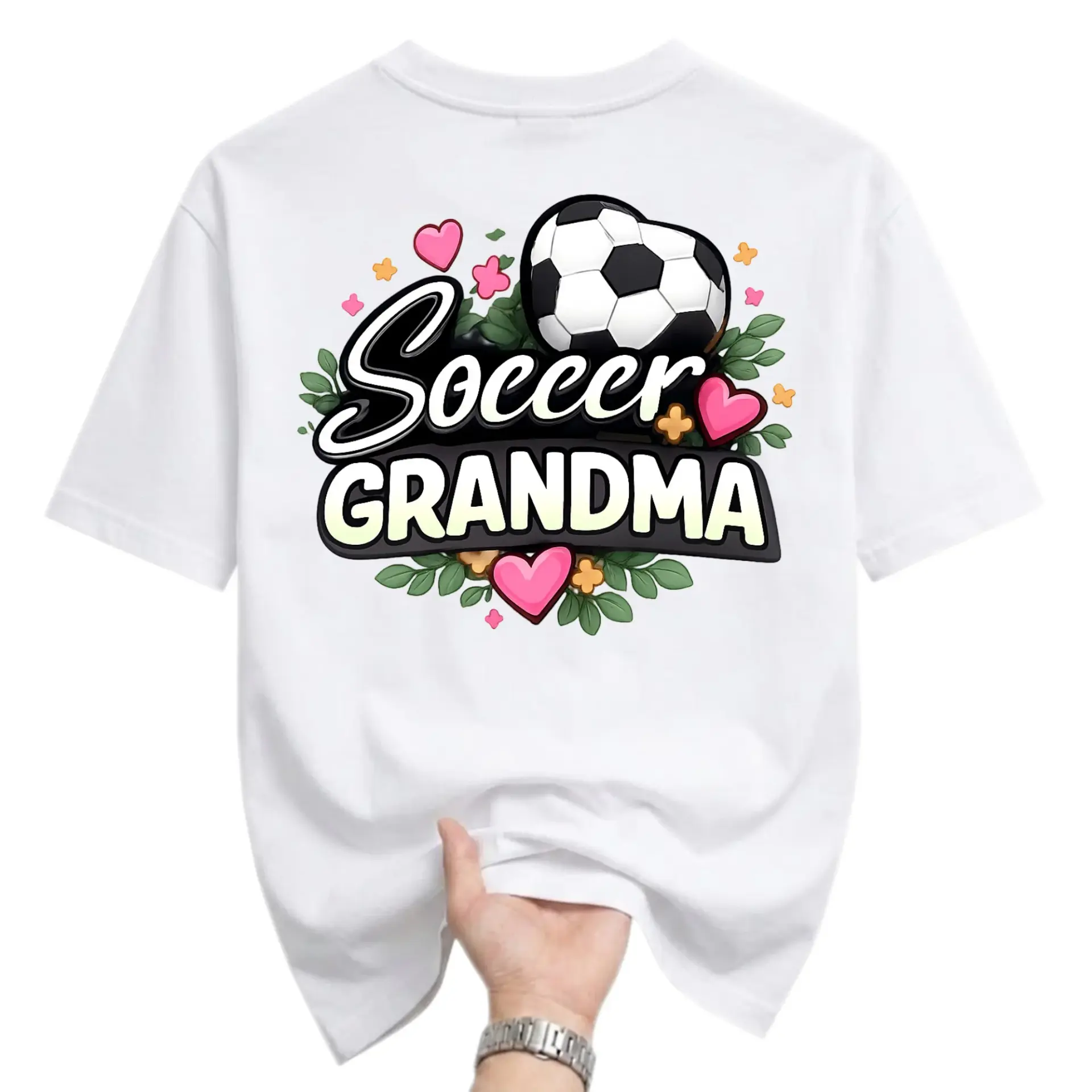 Graphic Tee Soccer Grandma Shirt for Sports Fans Casual Short Sleeve Crew Neck Top with Floral Heart Design