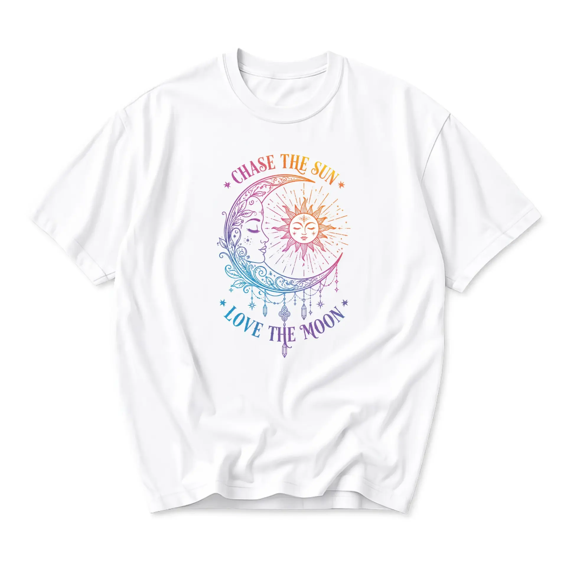 Graphic Tee Celestial Sun and Moon Print Unisex Crew Neck Shirt for Casual Everyday Wear and Artistic Expression