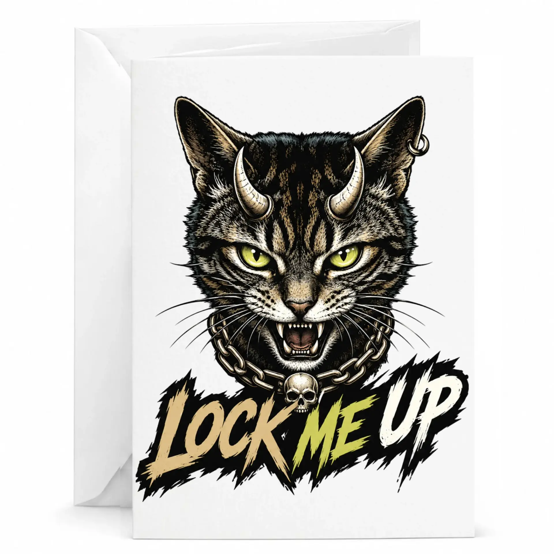 Funny Cat Greeting Card with Devil Horns and Skull Chain Design Gothic Style Humorous Note for Special Occasions