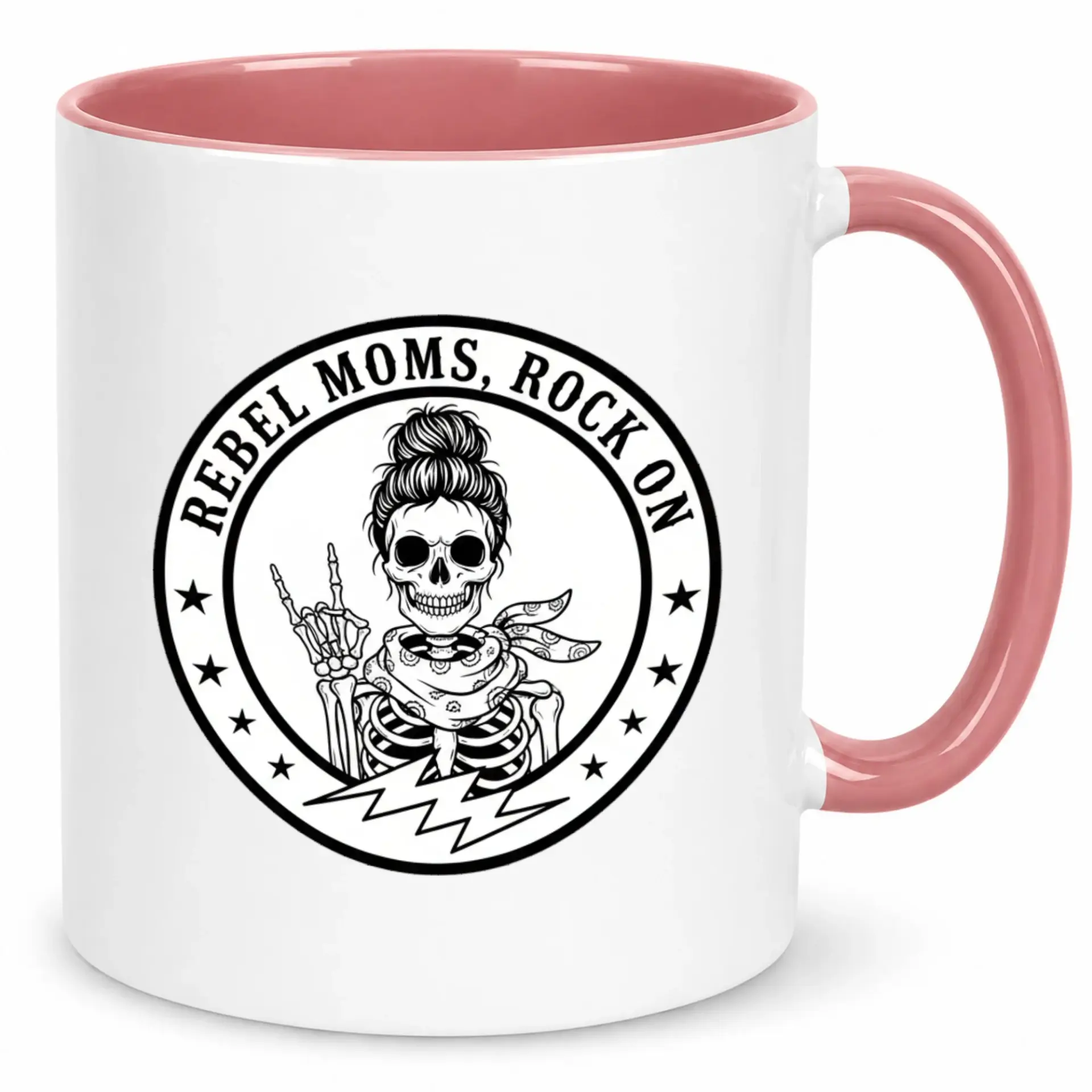 Funny Ceramic Coffee Mug with Rebel Moms Skeleton on Design for Everyday Use Unique White Drinkware Pink Handle