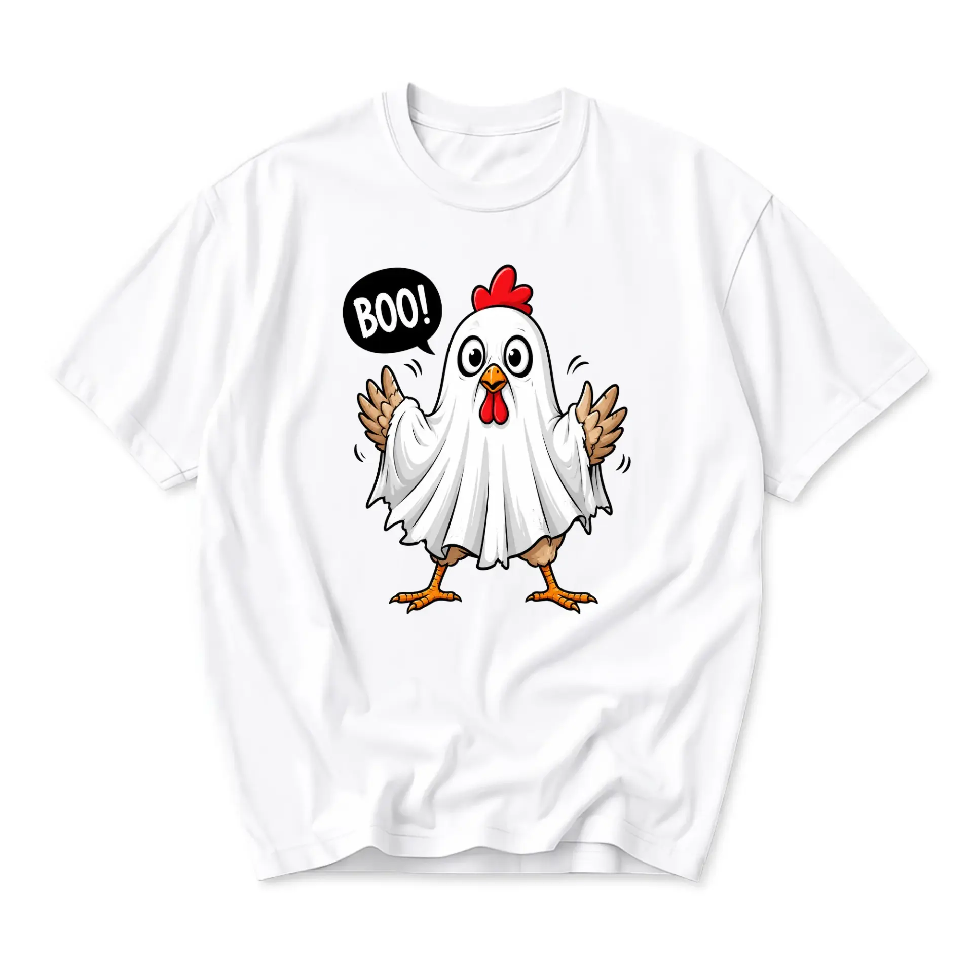 Funny Shirt Unisex Graphic Printed T-Shirt Featuring a Cute Cartoon Chicken Wearing a Ghost Sheet Costume Saying Boo