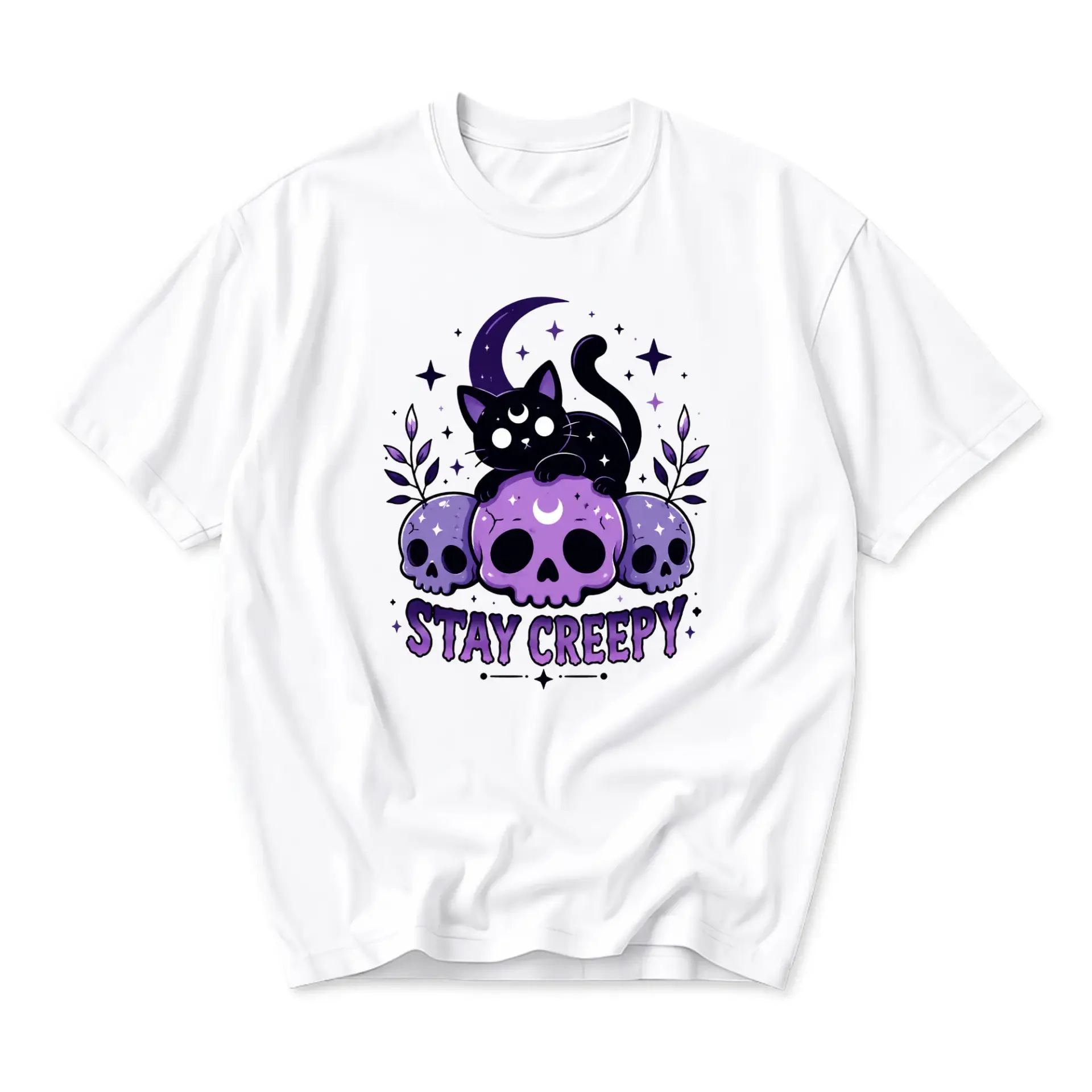 Graphic Tee Stay Creepy Black Cat Skull Moon Celestial Art Unisex Casual Crew Neck Comfortable Short Sleeve Top