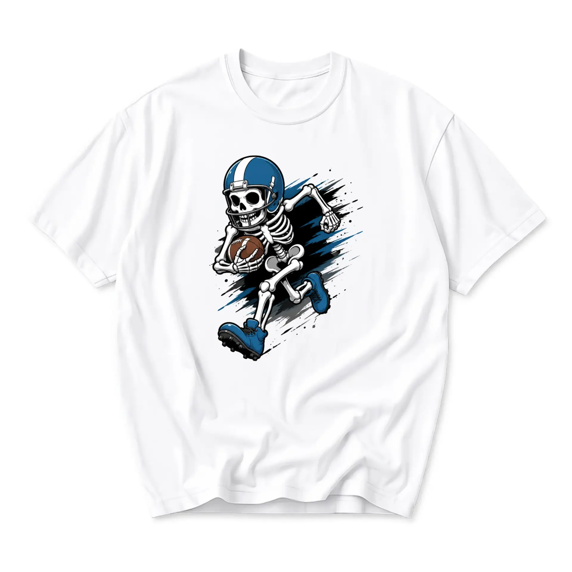 Graphic Tee Unisex Crew-Neck T-Shirt Featuring a Skeleton Football Player Running with a Ball Illustration
