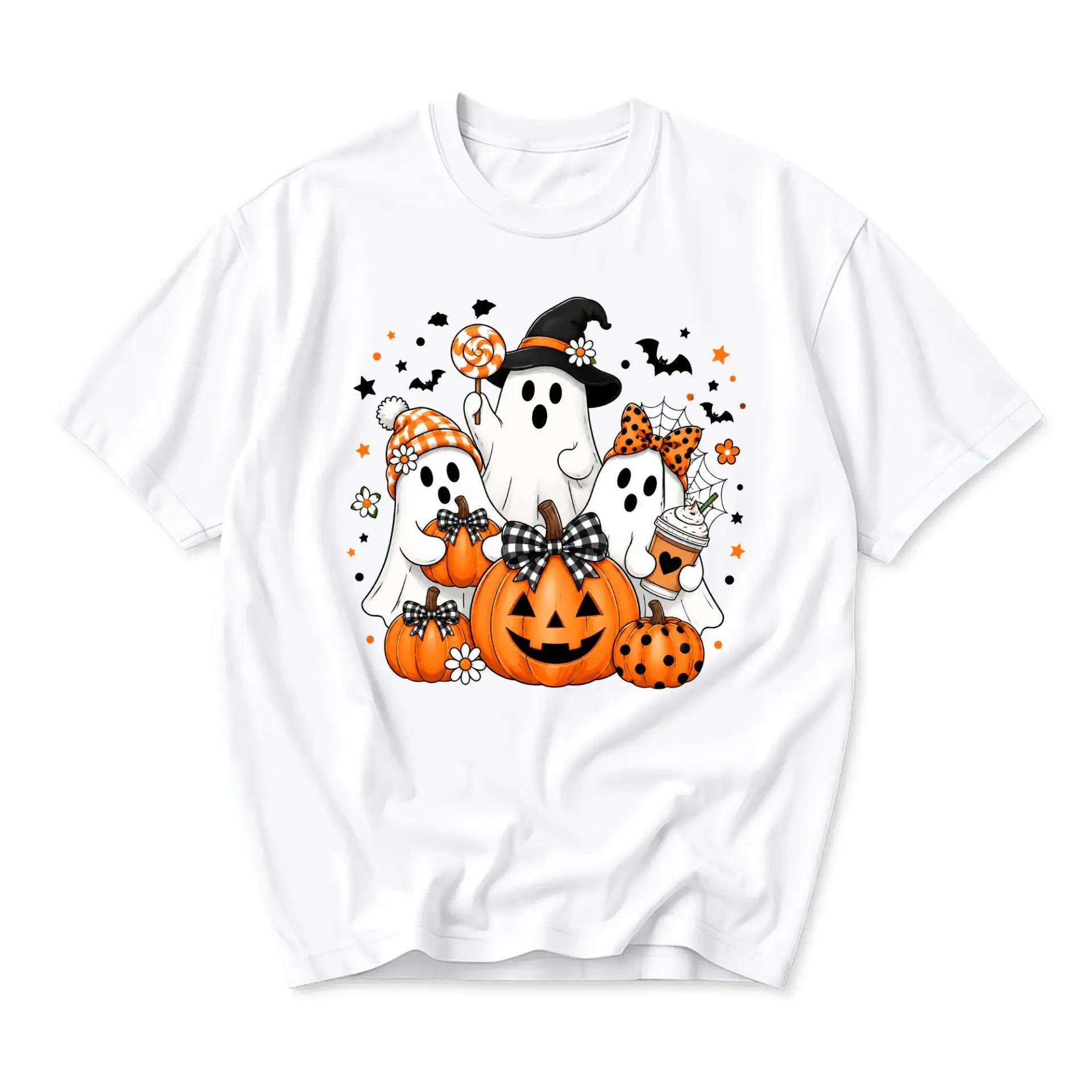 Graphic Tee Cute Halloween Ghost Trio T-Shirt Featuring Festive Pumpkins and Fall Seasonal Motifs for Casual Wear