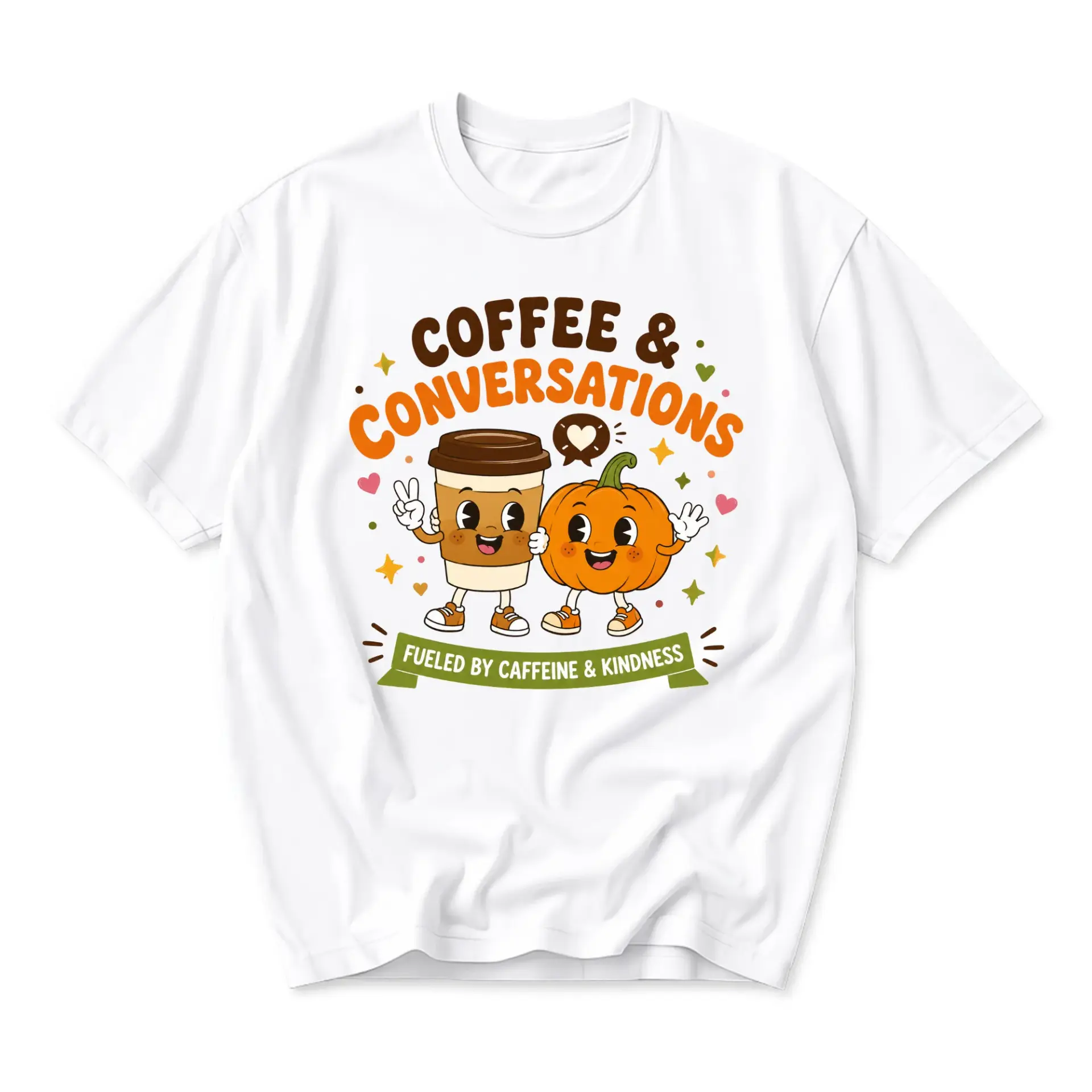 Graphic Tee Coffee and Conversations Cute Pumpkin Cartoon Unisex Shirt for Casual Everyday Wear and Comfort