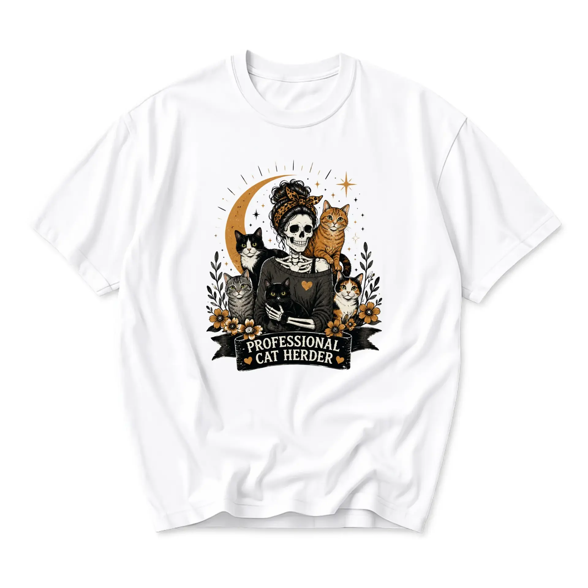 Graphic Tee Professional Cat Herder Skeleton Woman Unisex Shirt Casual Everyday Crew Neck Short Sleeve Cotton Top