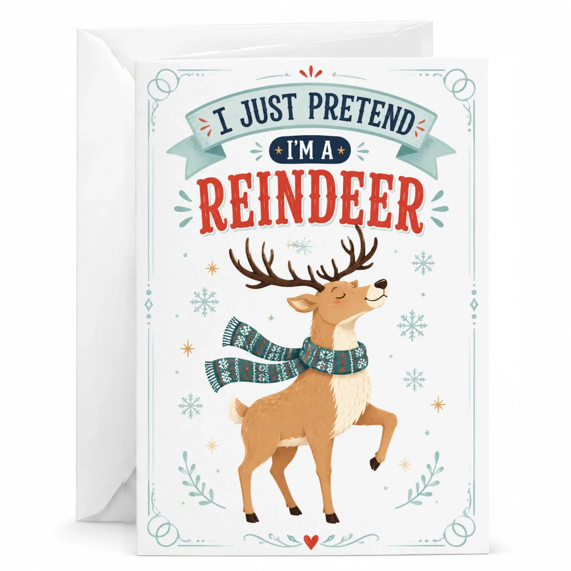 Funny Reindeer Greeting Card for Holiday Season with Winter Scarf Design and Blank Interior for Personal Notes