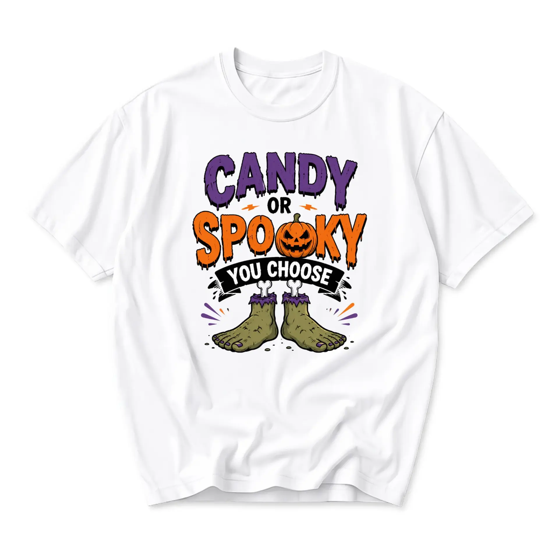 Graphic Tee Candy or Spooky You Choose Halloween Theme Unisex Crew Neck Short Sleeve Shirt for Casual Holiday Wear