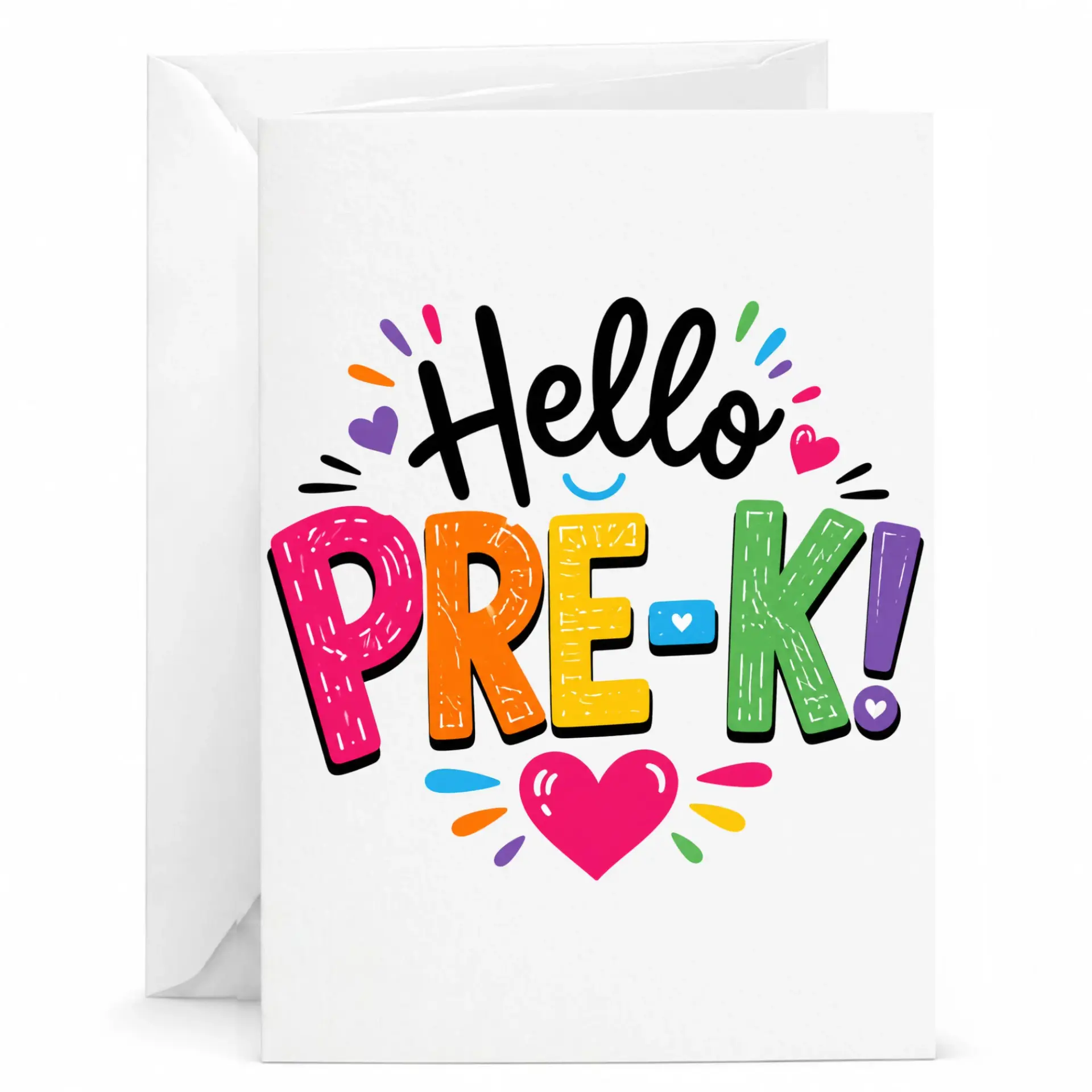 Greeting Card Hello Pre-K Colorful Typography Design Note for New Beginning and Classroom Stationery