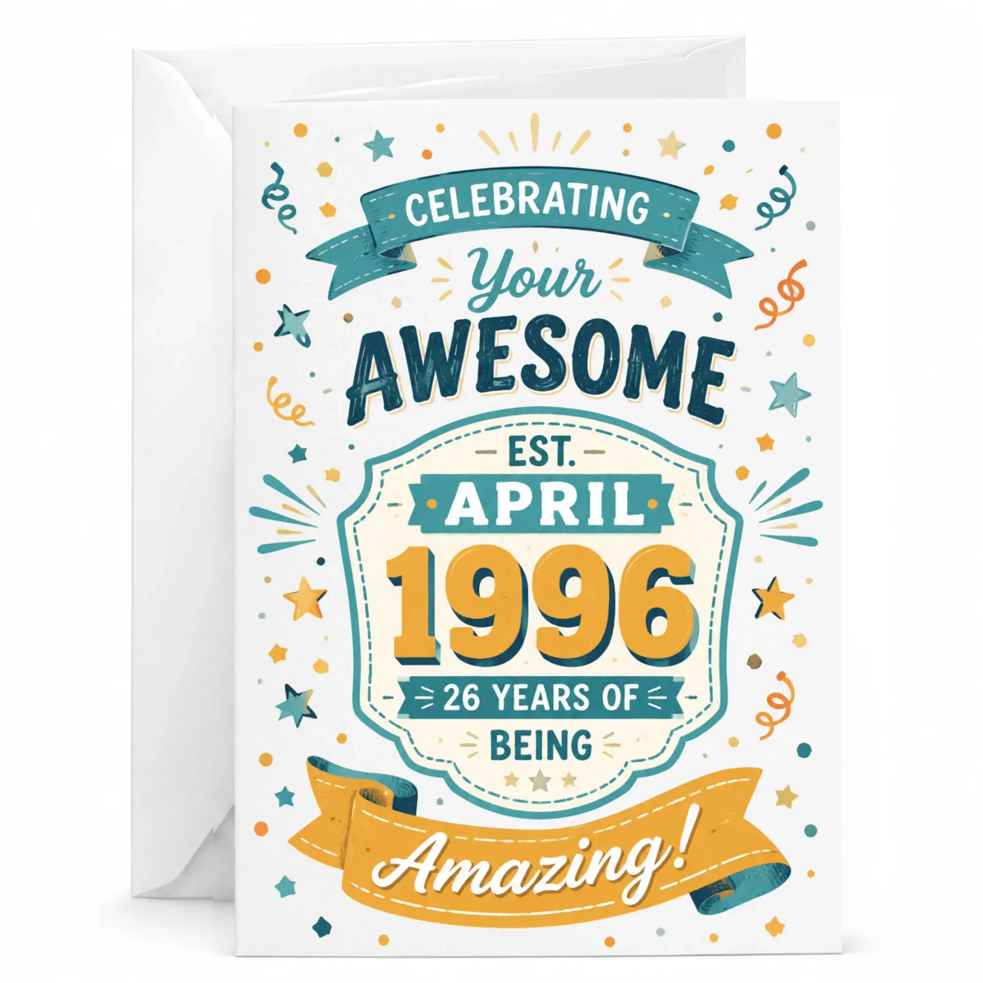 Birthday Card Celebrating April 1996 26 Years of Being Awesome Greeting Card with Envelope for Milestone Anniversary