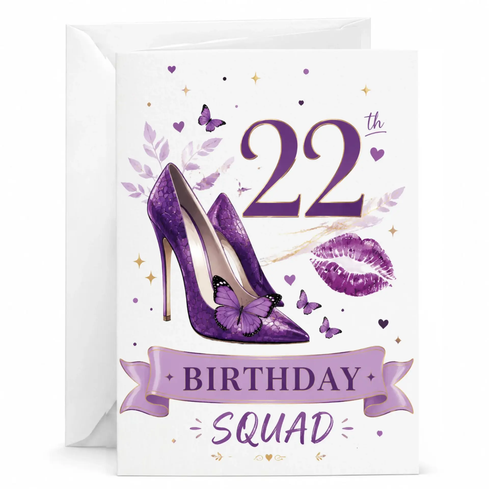 Birthday Card 22nd Birthday Greeting Card with Purple High Heels Butterfly and Lips Design for Milestone Celebration