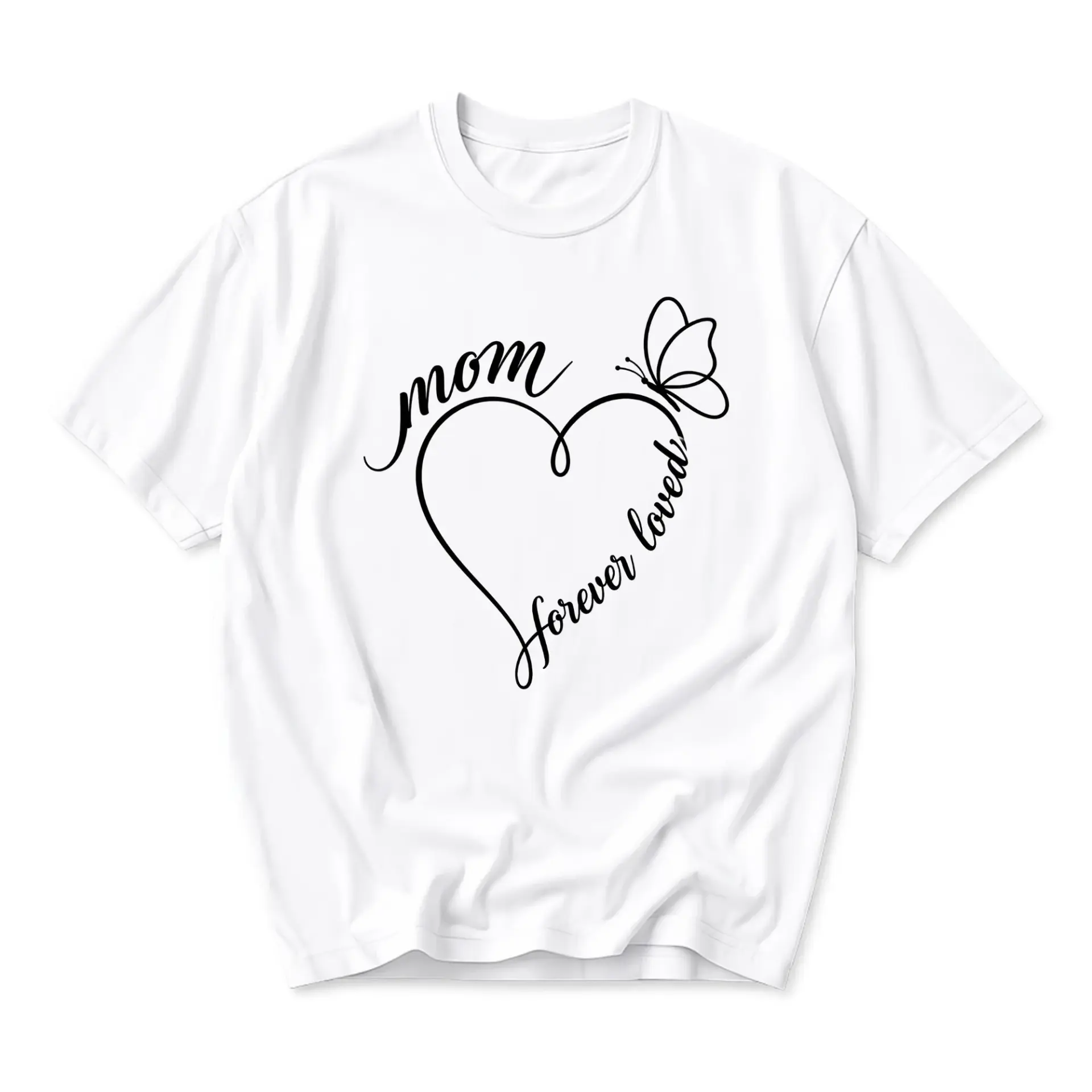 Graphic Tee Mom Forever Loved Butterfly Heart Print Unisex Crew Neck Shirt for Casual Everyday Wear and Gifting