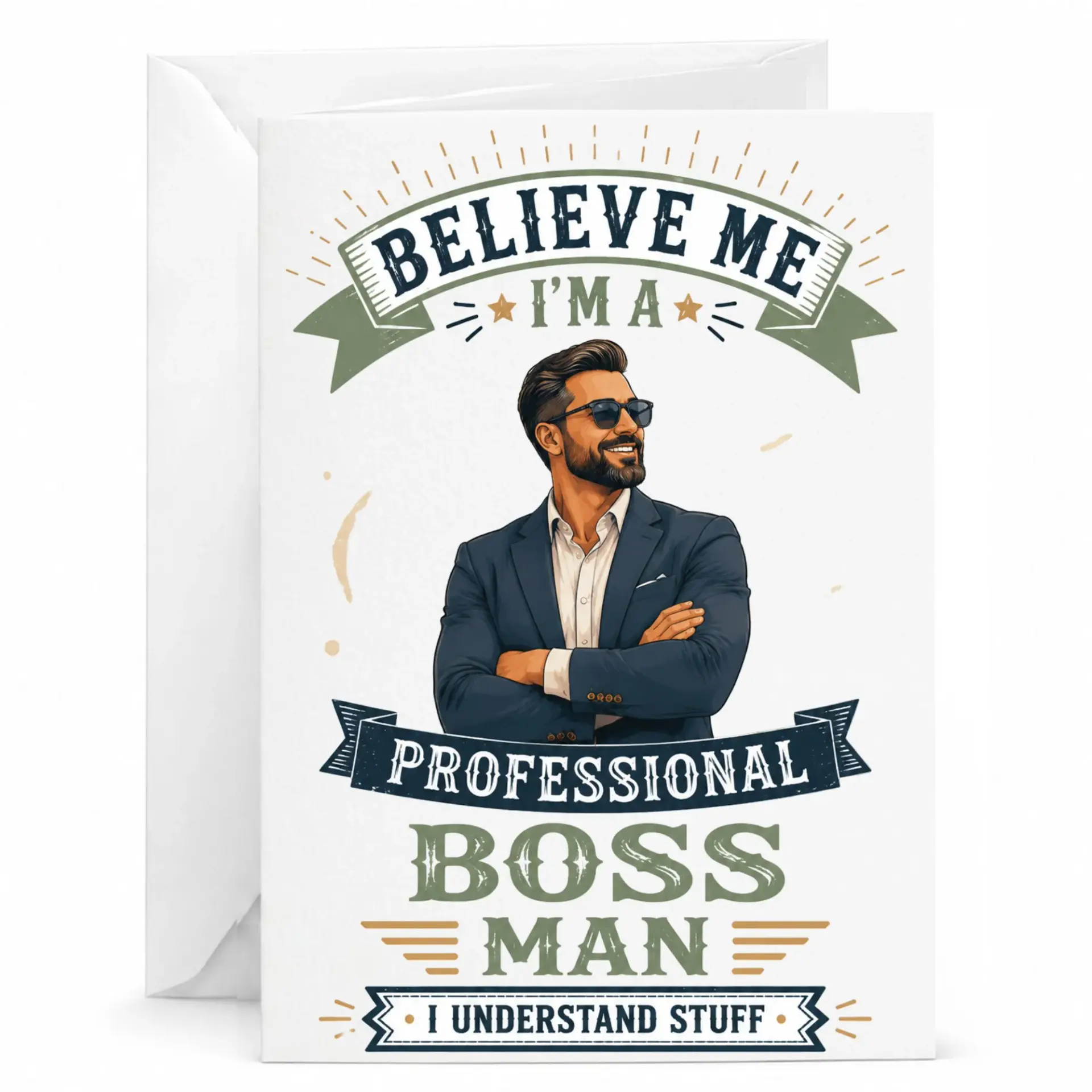 Funny Professional Boss Man Greeting Card for Work Success or Retirement Gift, Humorous Masculine Achievement Note