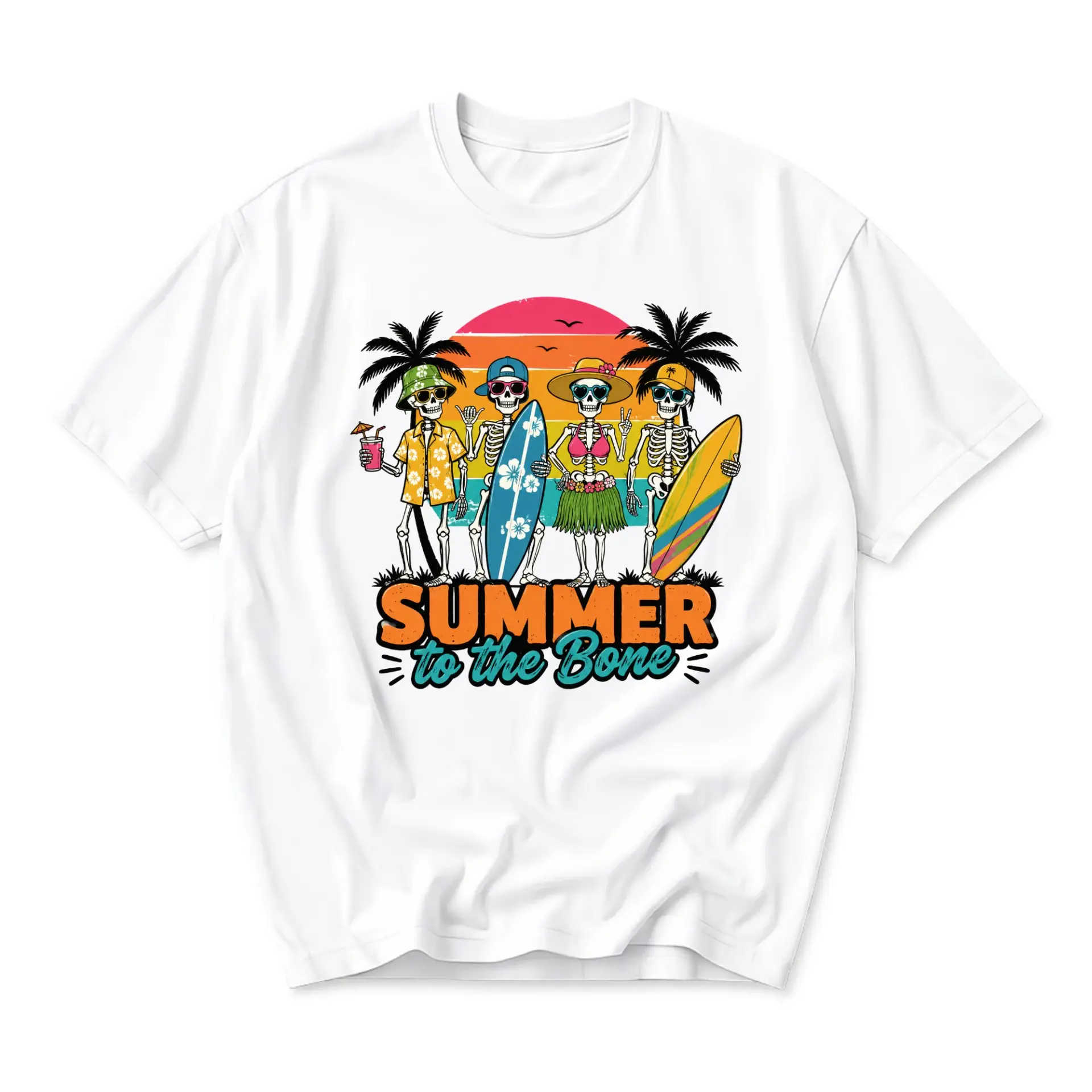 Funny Shirt Summer to the Bone Surfing Skeletons Graphic Tee Unisex Cotton Crew Neck Casual Summer Beach Clothing