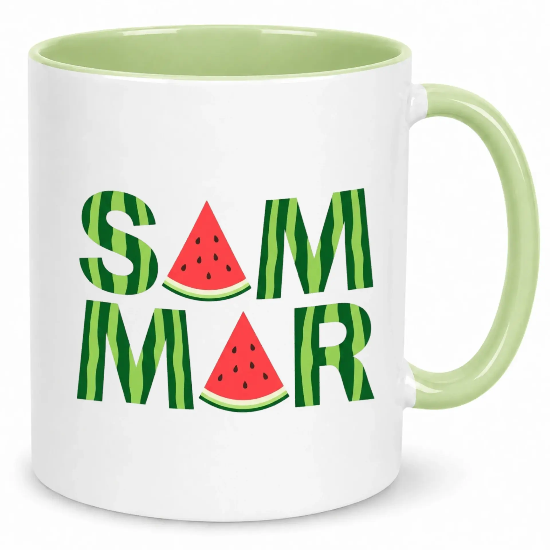 Sammar Watermelon Slice Design Ceramic Coffee Mug, Light Green Handle Interior, 11oz or 15oz Hot Beverage Cup for Summer Drinks, Home, Office, Kitchen Decor