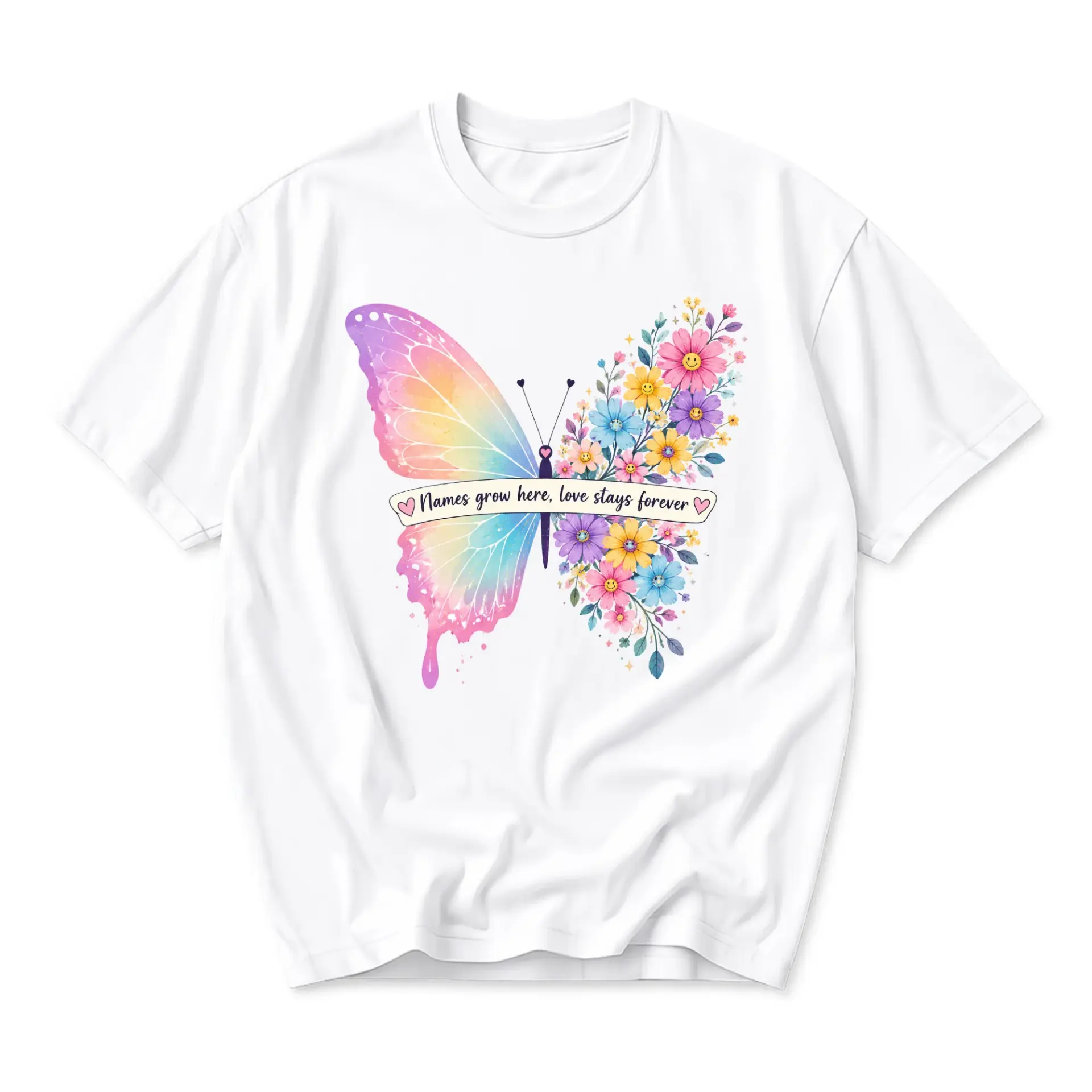 Graphic Tee Butterfly Floral Names Grow Here Love Stays Forever Shirt Unisex Casual Crew Neck Top for Everyday Wear