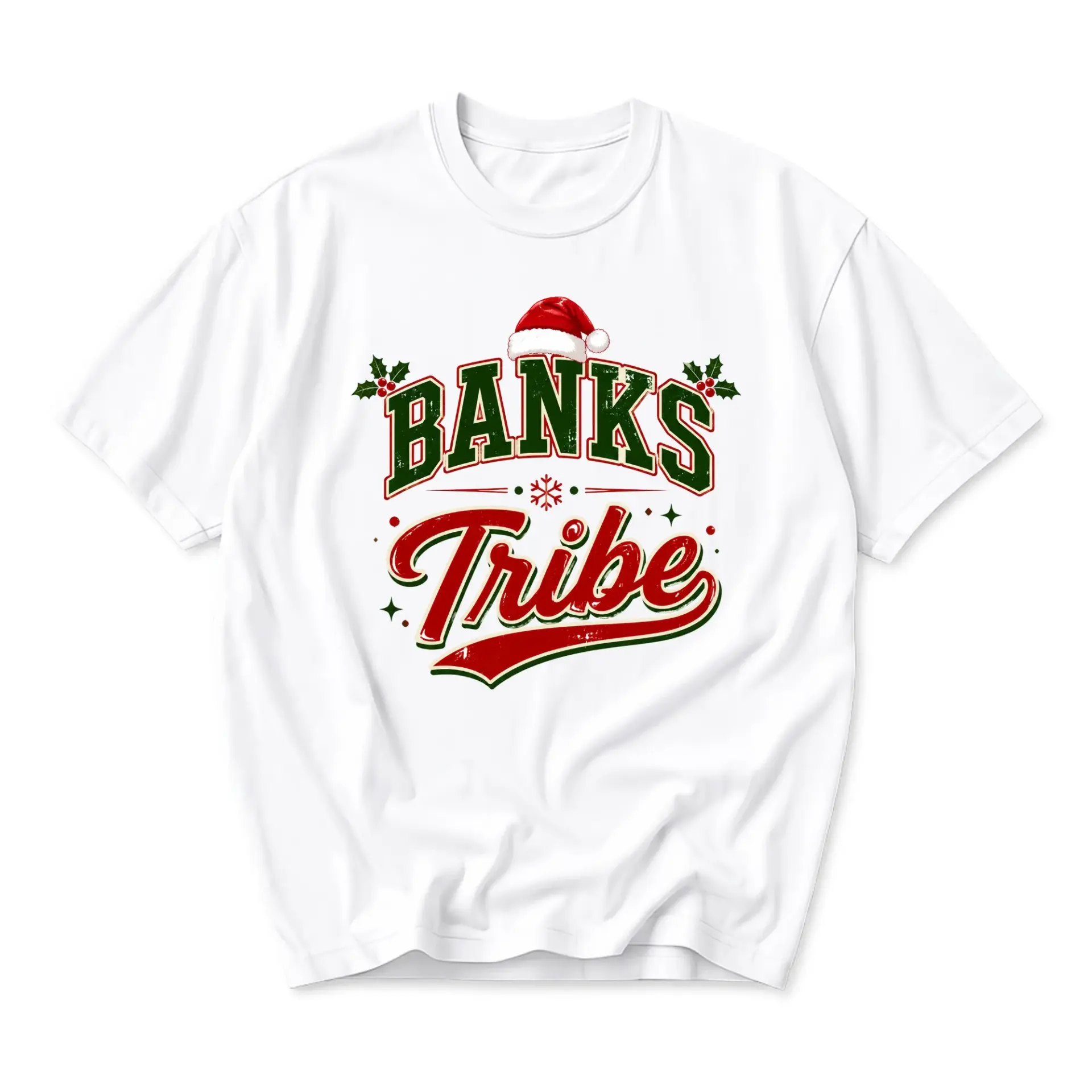 Graphic Tee Unisex Holiday Crew Neck Shirt Featuring Banks Tribe Typography with Christmas Elements for Festive Wear