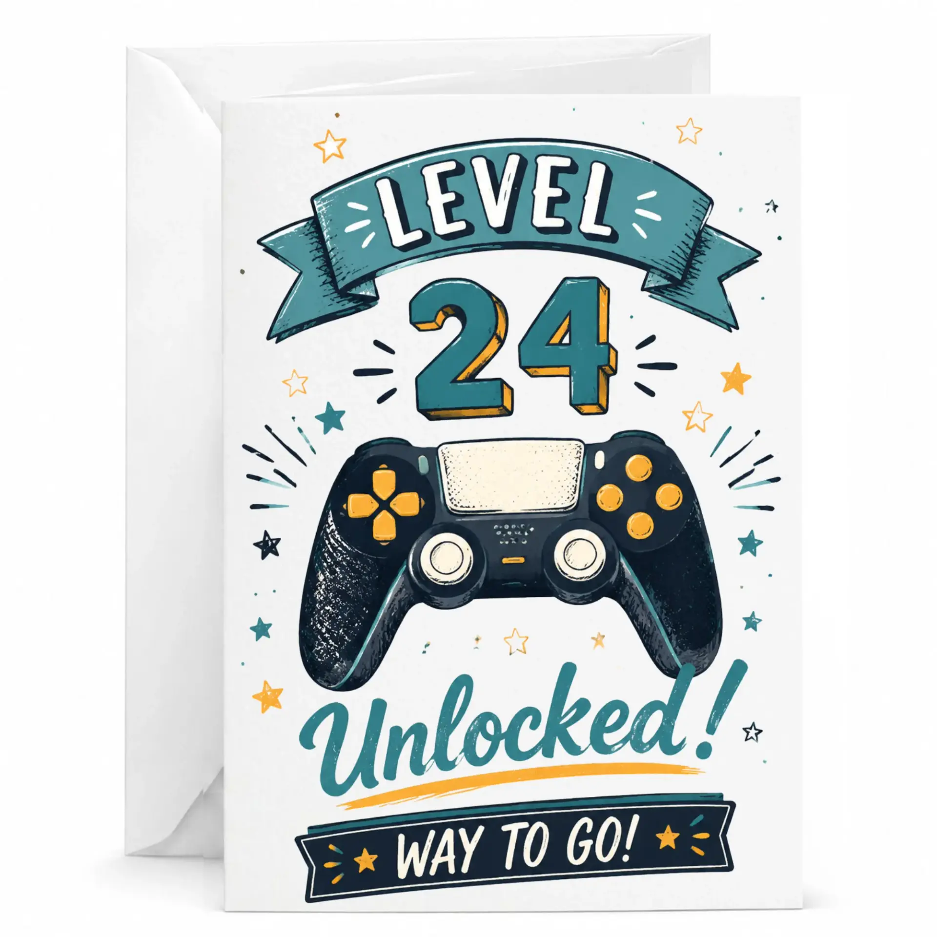 Birthday Card for Video Game Enthusiast, Level 24 Unlocked Greeting Card with Envelope for Special Milestone Celebration
