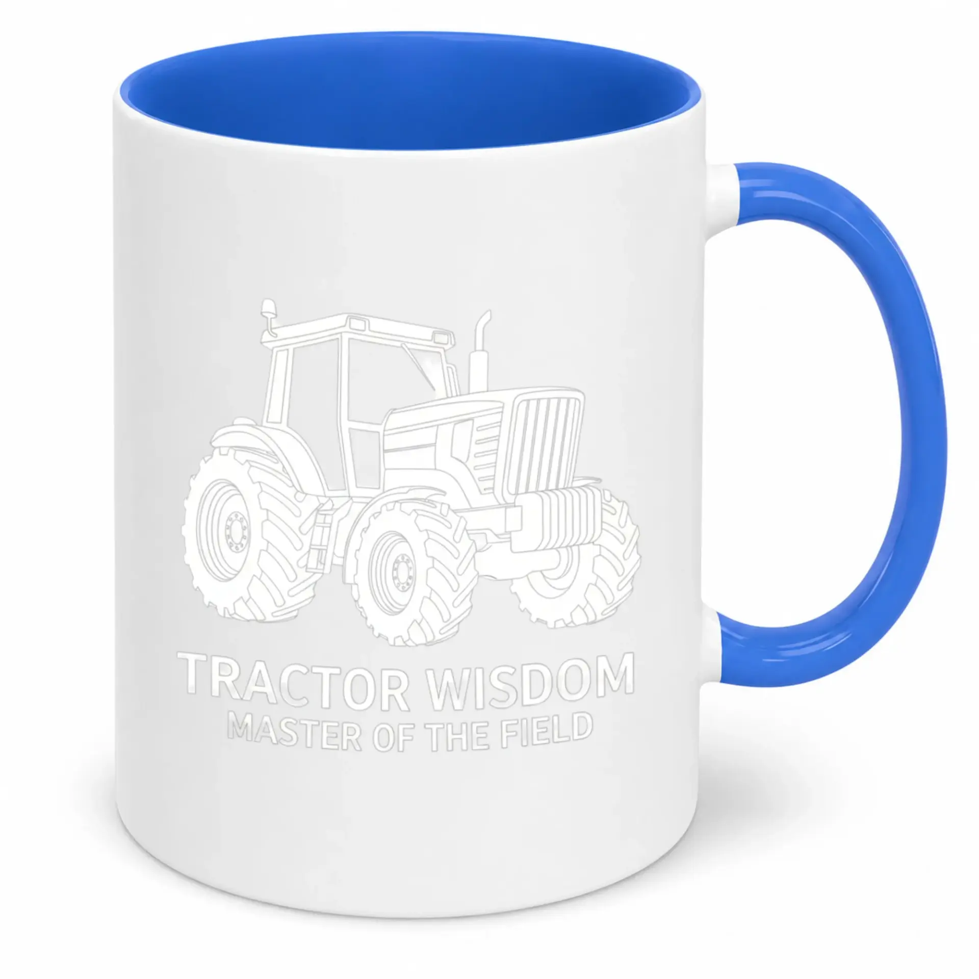 Funny Farmer Ceramic Coffee Mug with Tractor Design of the Field Themed Drinkware 11 Oz or 15 Oz White Blue Handle for Home or Office