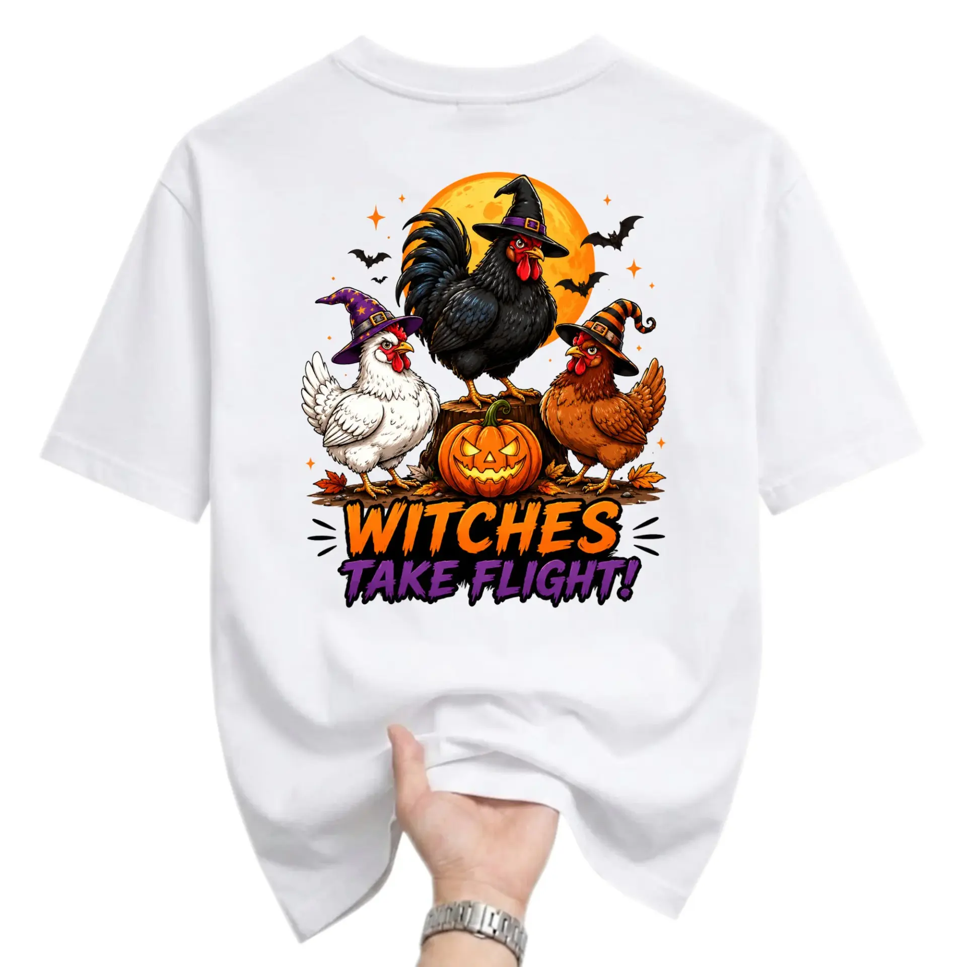 Funny Shirt Witches Take Flight Chicken Halloween Graphic Tee Unisex Crew Neck Casual Cotton Blend Soft Top Apparel