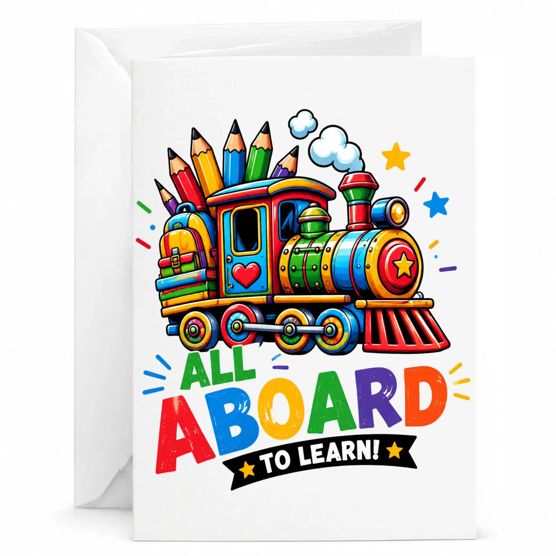 Personalized Greeting Card Colorful Train with Pencils Design 5x7